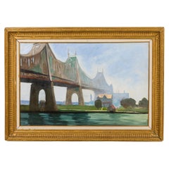 Hand-Painted Victorian Style Bridge Painting, Late 20th Century