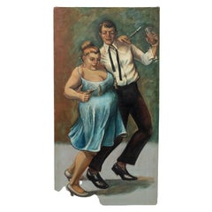 Art Moderne Bar Scene Painting, Hand-Painted Oil, Mid-Century, 1940s
