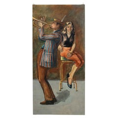 Art Moderne Bar Scene Painting, Hand-Painted Oil on Canvas, 1940s