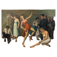 Art Moderne Bar Scene Painting, Hand-Painted Oil on Canvas, 1940s