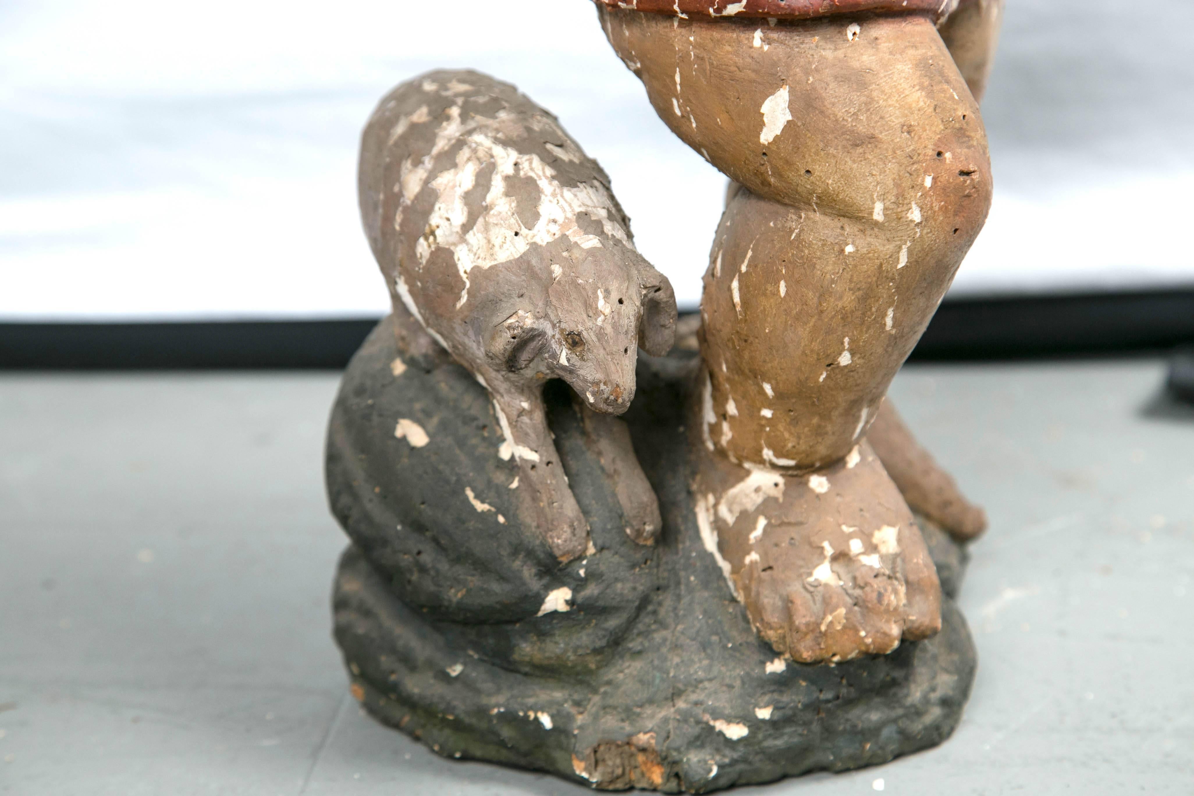 Carved and Polychromed Putti with Lamb In Distressed Condition For Sale In Stamford, CT