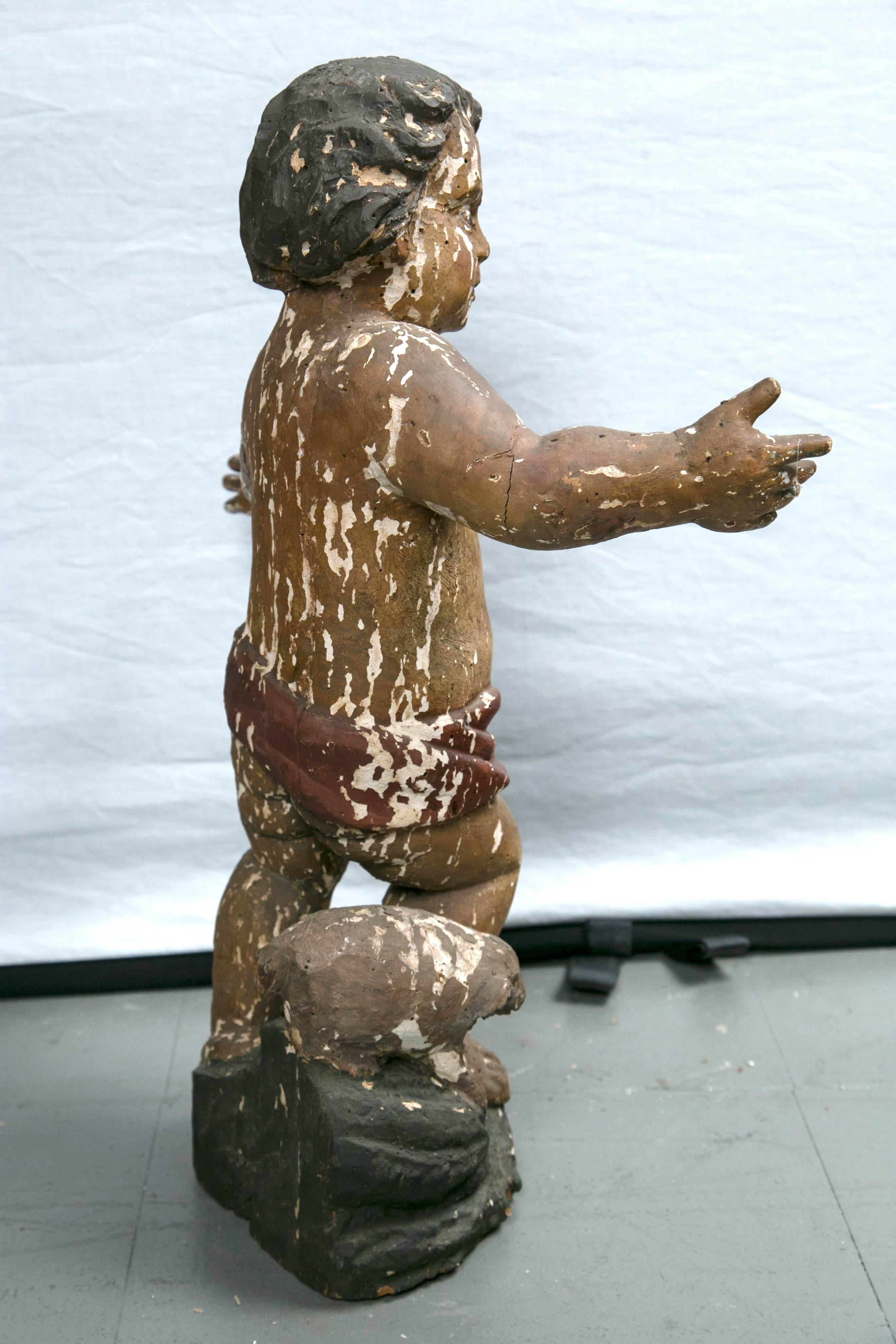 19th Century Carved and Polychromed Putti with Lamb For Sale