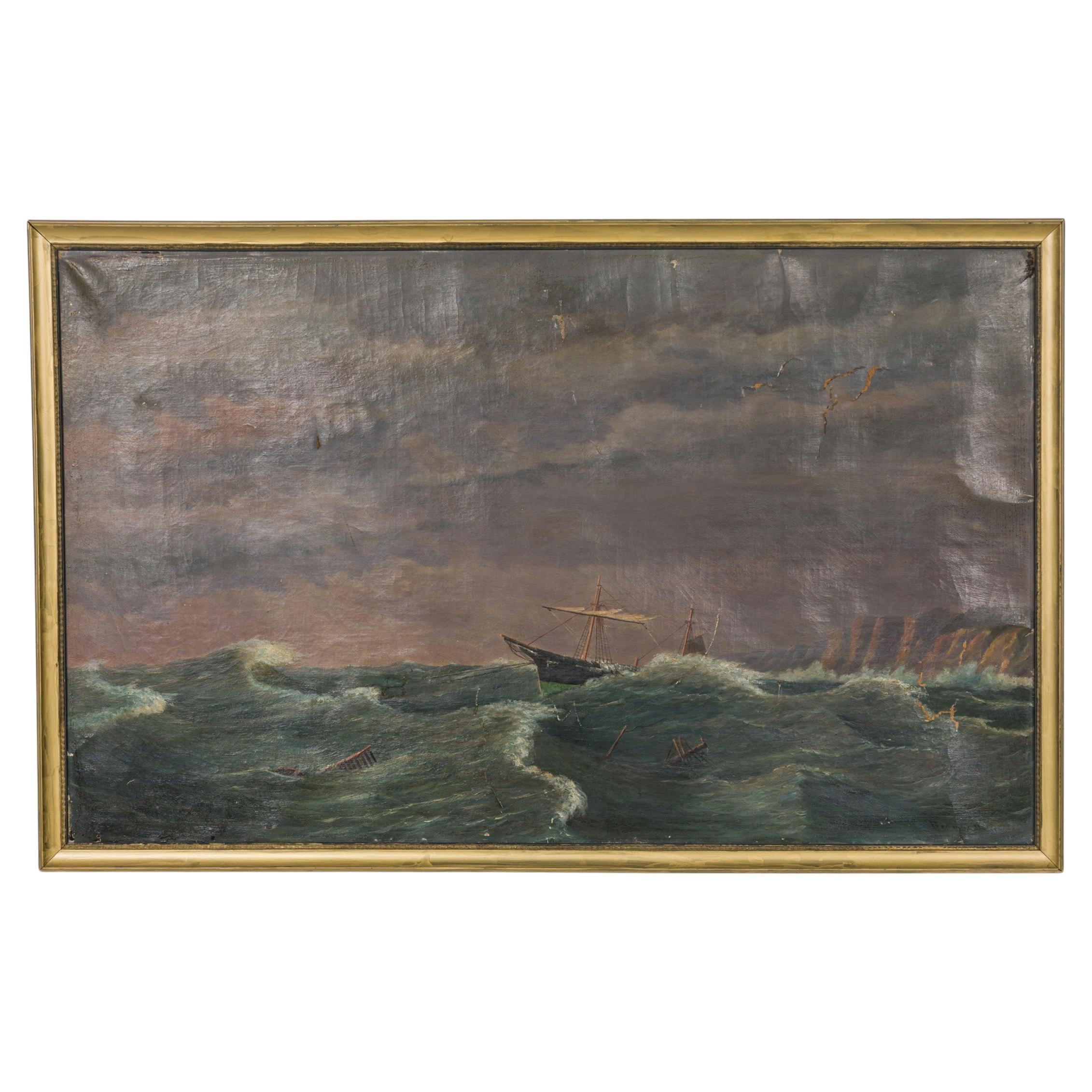 Dipinto a olio vittoriano del XIX secolo raffigurante una nave americana in mare agitato