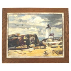 Mid-Century Lighthouse Painting, Hand-Painted Oil on Wood