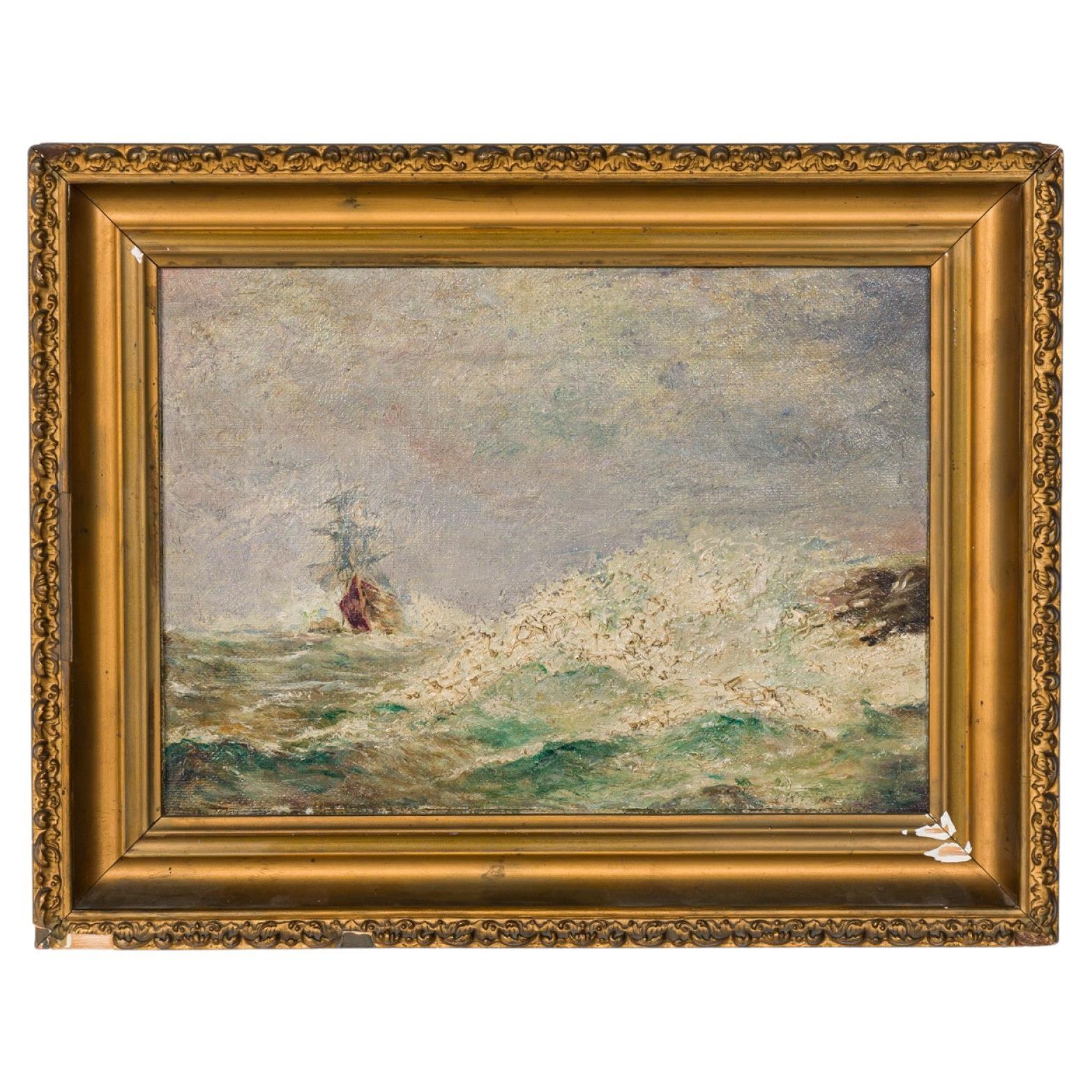 Cuadro al óleo Vintage American Small Shipwreck at Sea en un marco de madera dorada