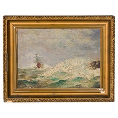 Vintage By, piccolo naufragio in mare, dipinto a olio con cornice in legno dorato