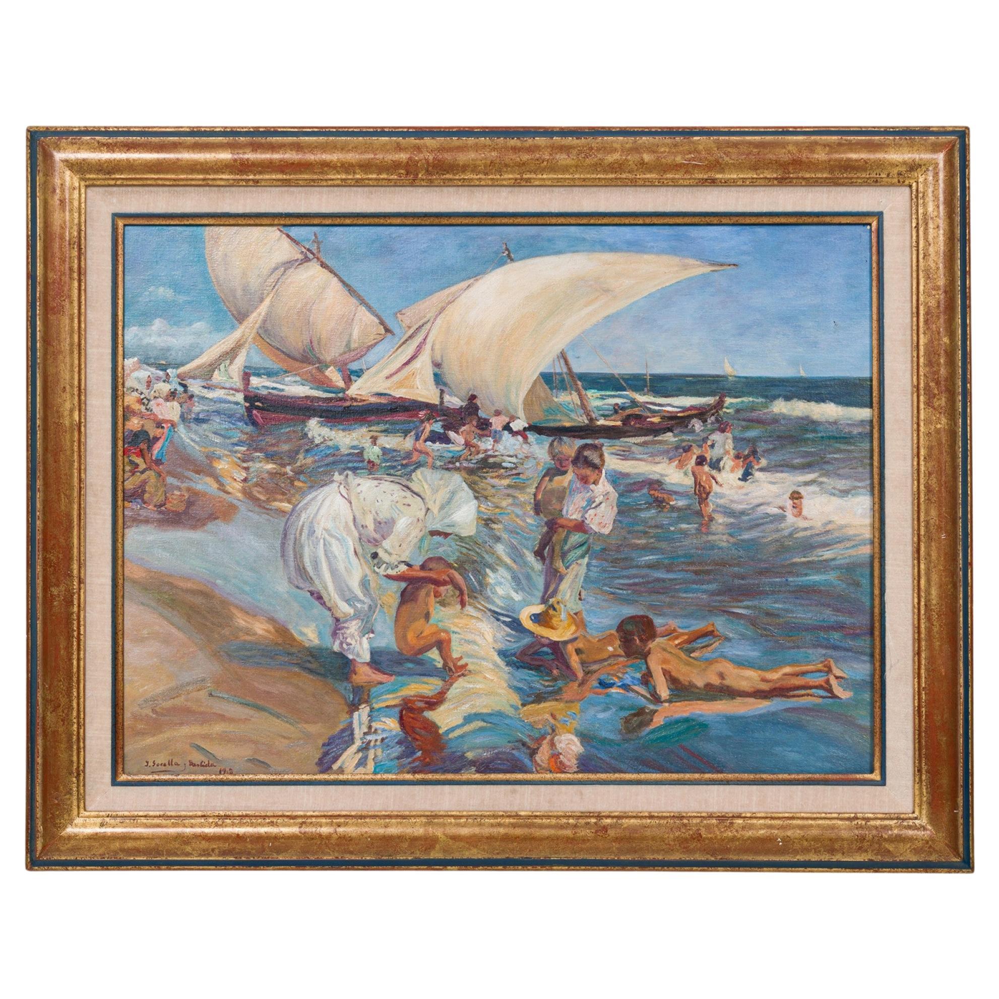 Crowded Beach Scene Painting, Hand-Painted, Mid-Century Modern, USA