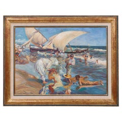 Crowded Beach Scene Painting, Hand-Painted, Mid-Century Modern, USA
