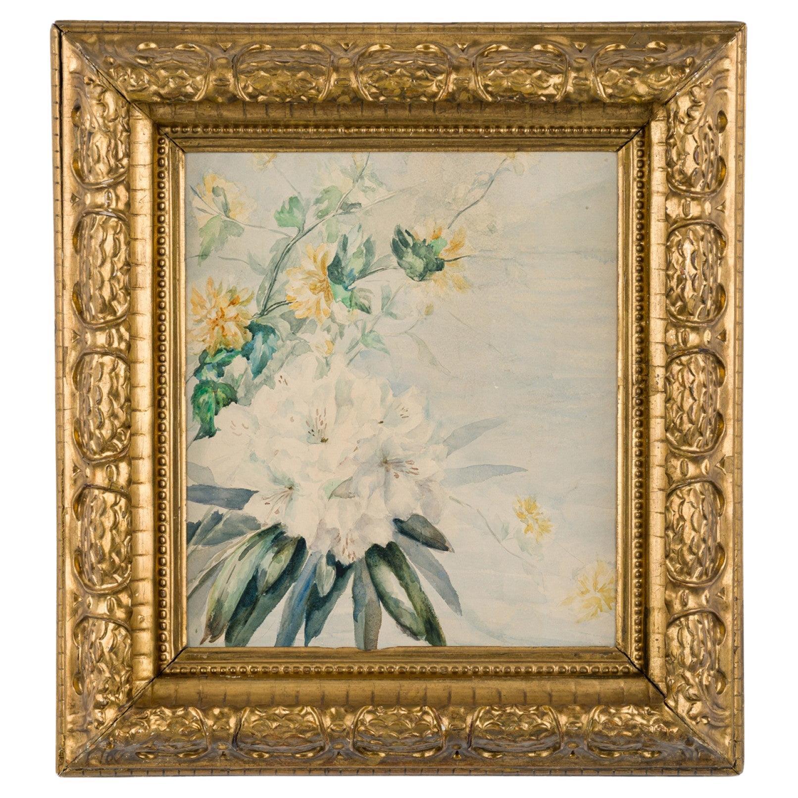French Victorian Floral Still Life Watercolor in Hand-Carved Frame