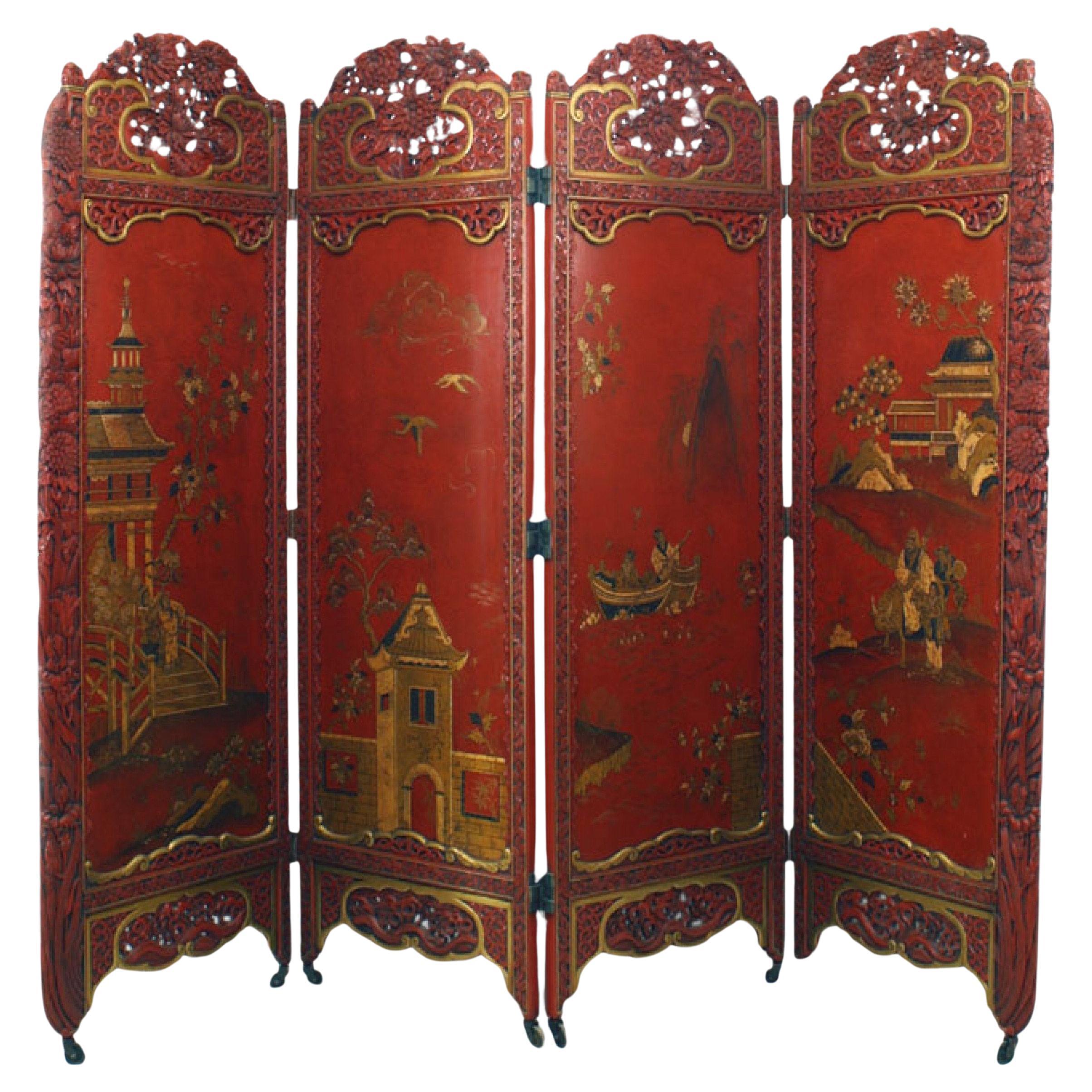 Chinese Red Lacquered 4-Fold Screen with Carved Floral Frame