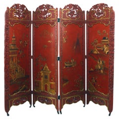Chinese Red Lacquered 4-Fold Screen with Carved Floral Frame