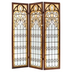 Antique Gothic Revival Oak 3-Fold Screen with Stain Glass Panels