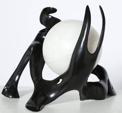 Organic Modern Black Lacquered Wood & White Alabaster "Moon" Table Lamp