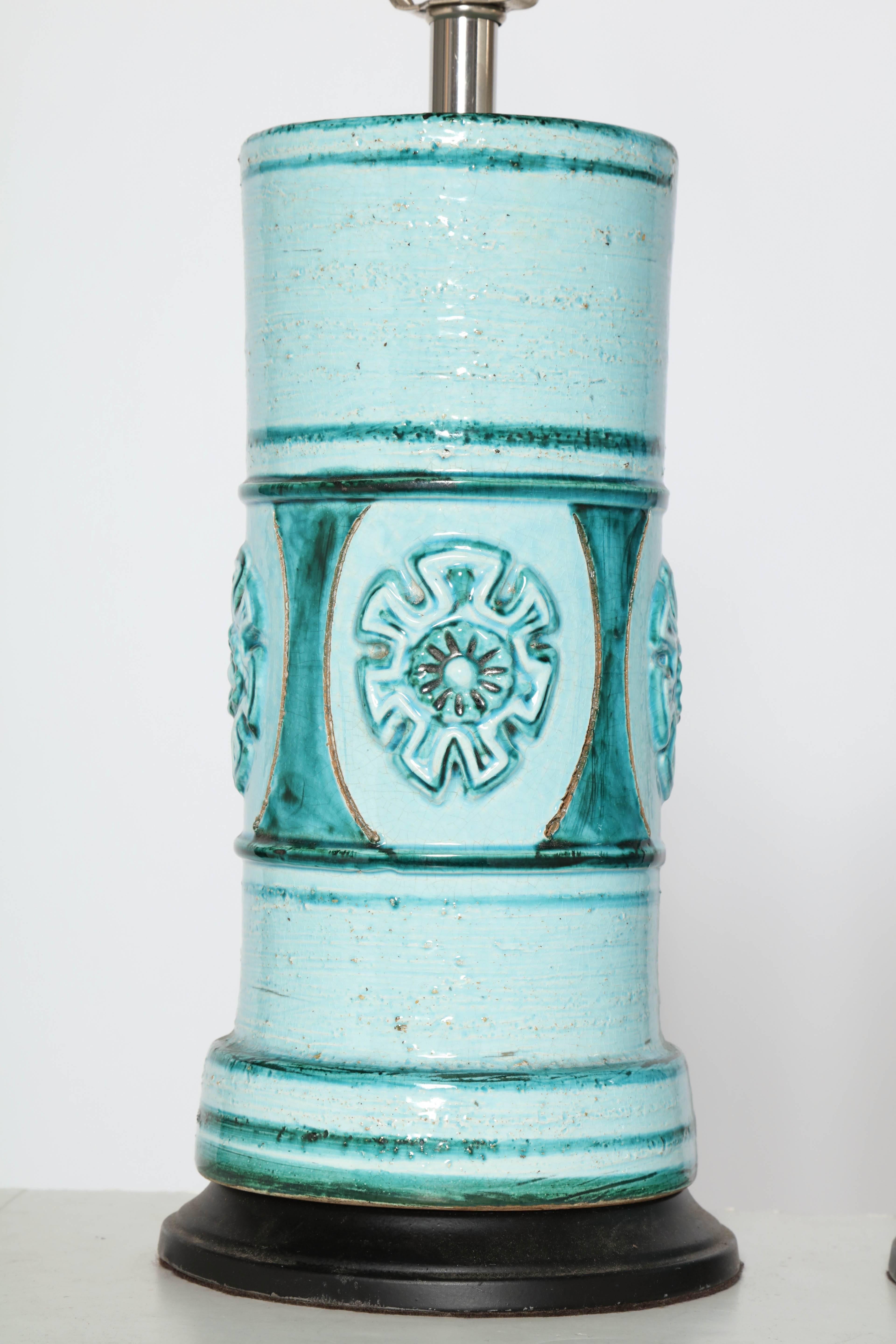 Mid-Century Modern Pair of Aldo Londi for Bitossi Pale Aqua and Turquoise Ceramic Table Lamps 