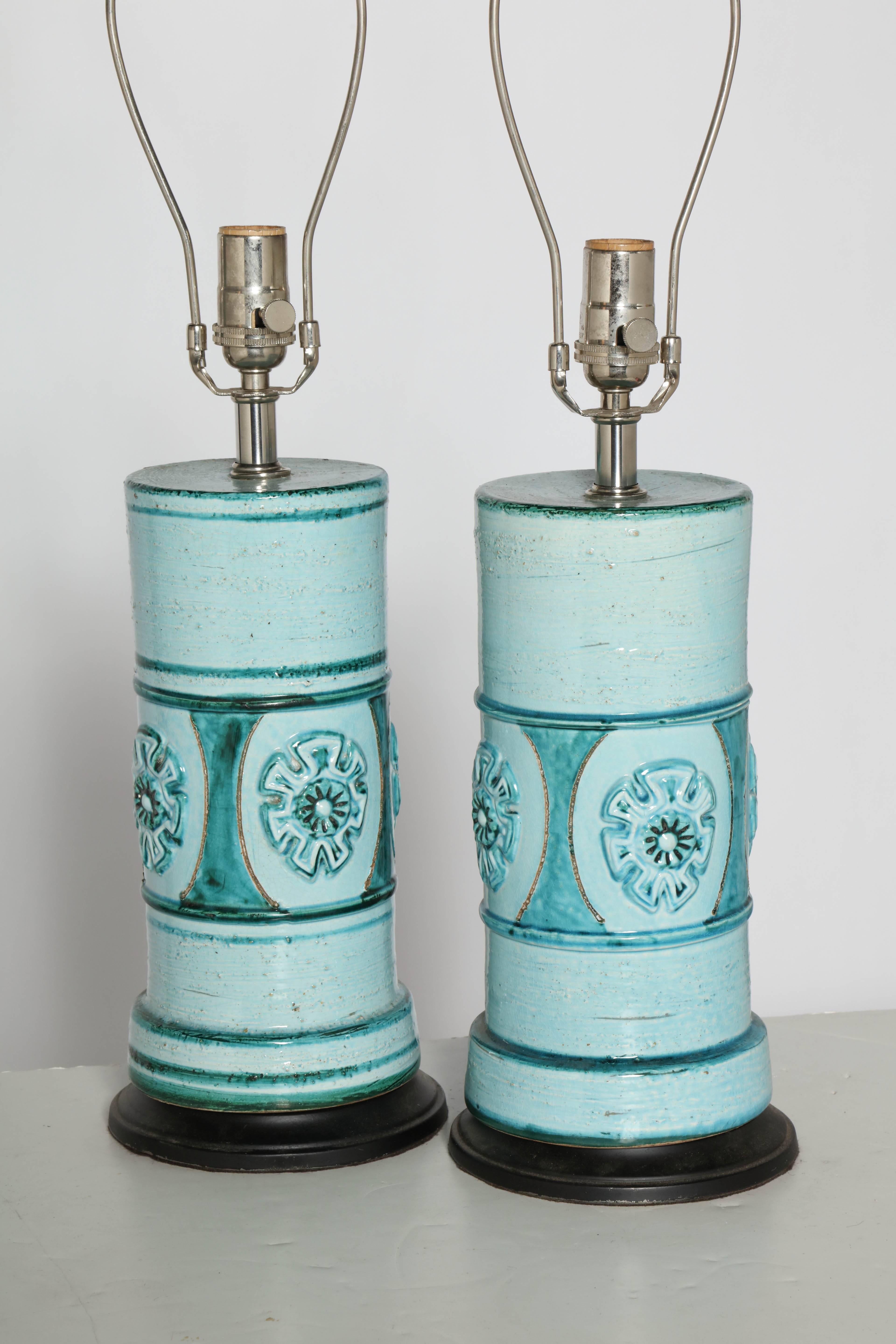 Glazed Pair of Aldo Londi for Bitossi Pale Aqua and Turquoise Ceramic Table Lamps 