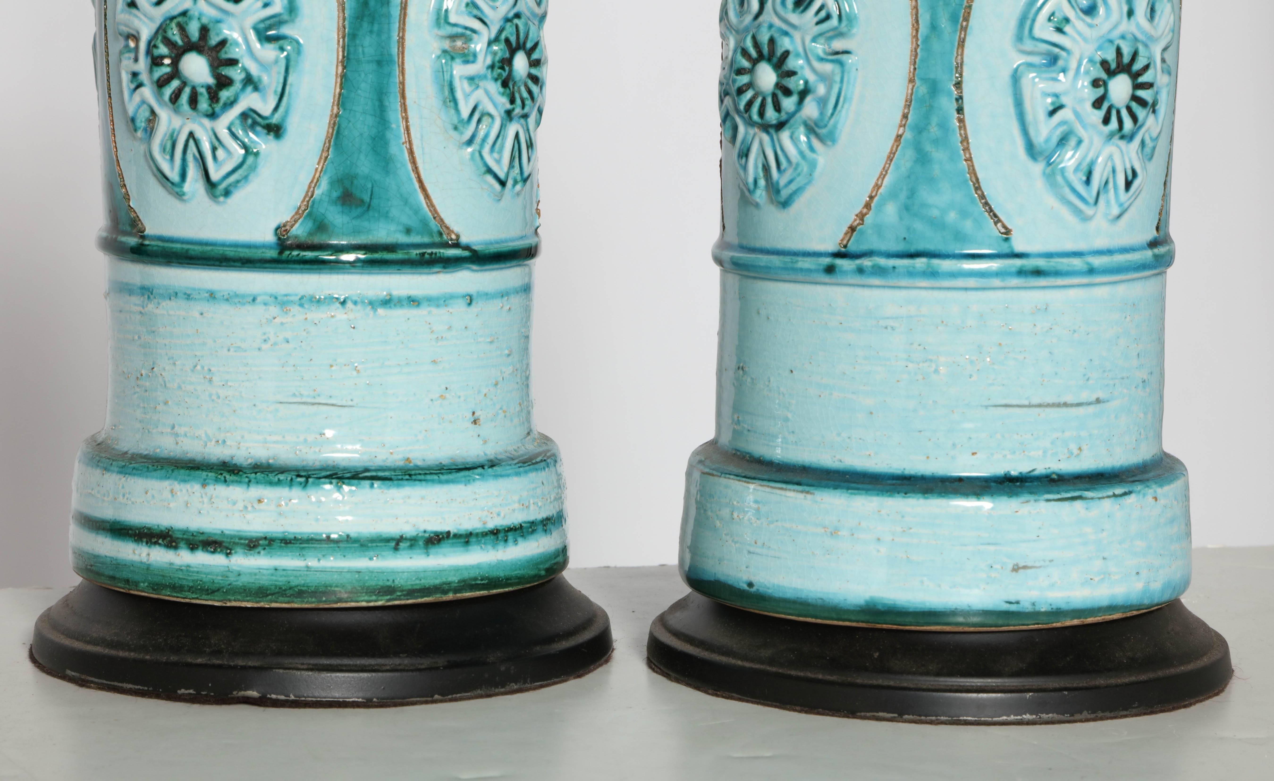 Pair of Aldo Londi for Bitossi Pale Aqua and Turquoise Ceramic Table Lamps  In Good Condition In Bainbridge, NY