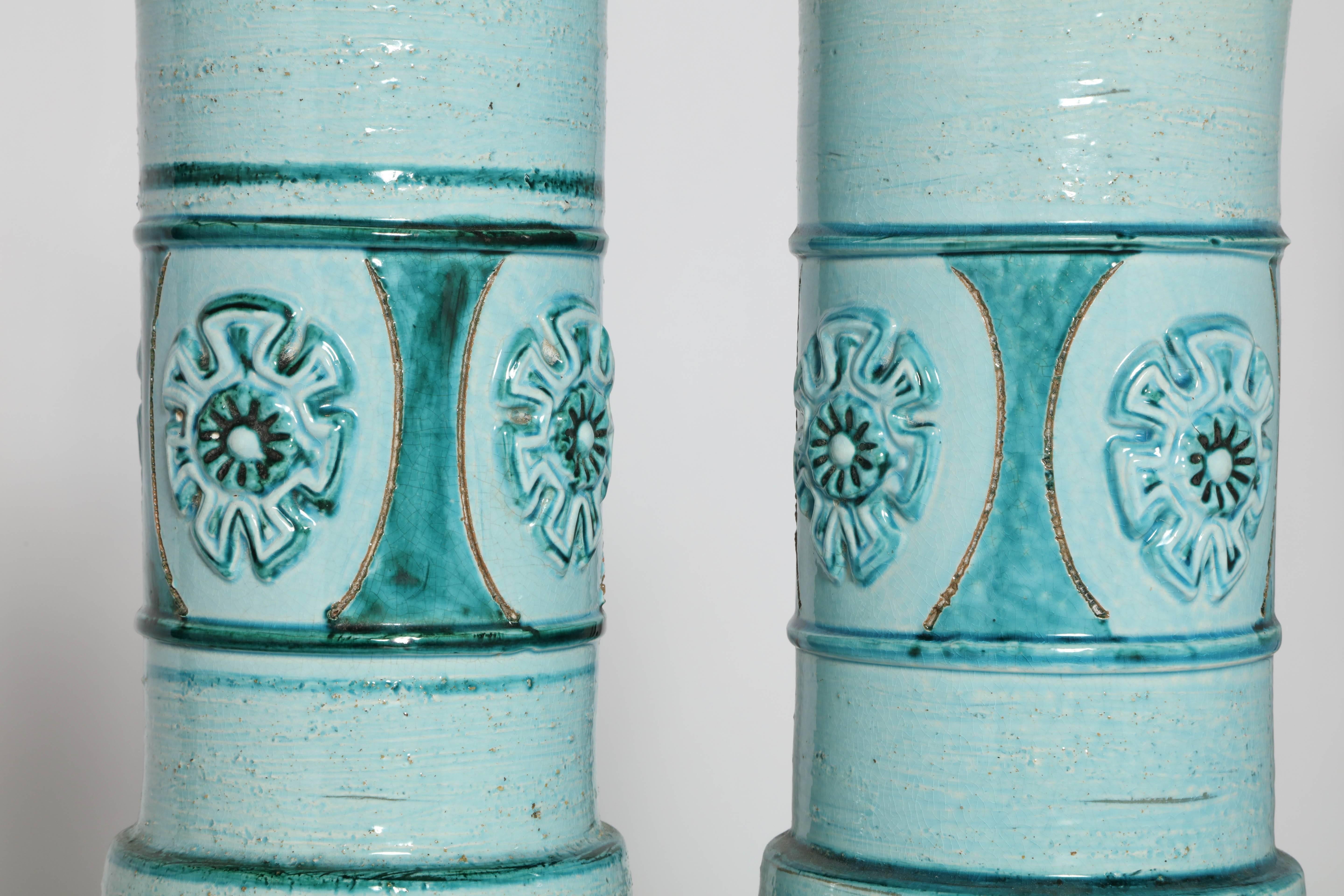 Mid-20th Century Pair of Aldo Londi for Bitossi Pale Aqua and Turquoise Ceramic Table Lamps 