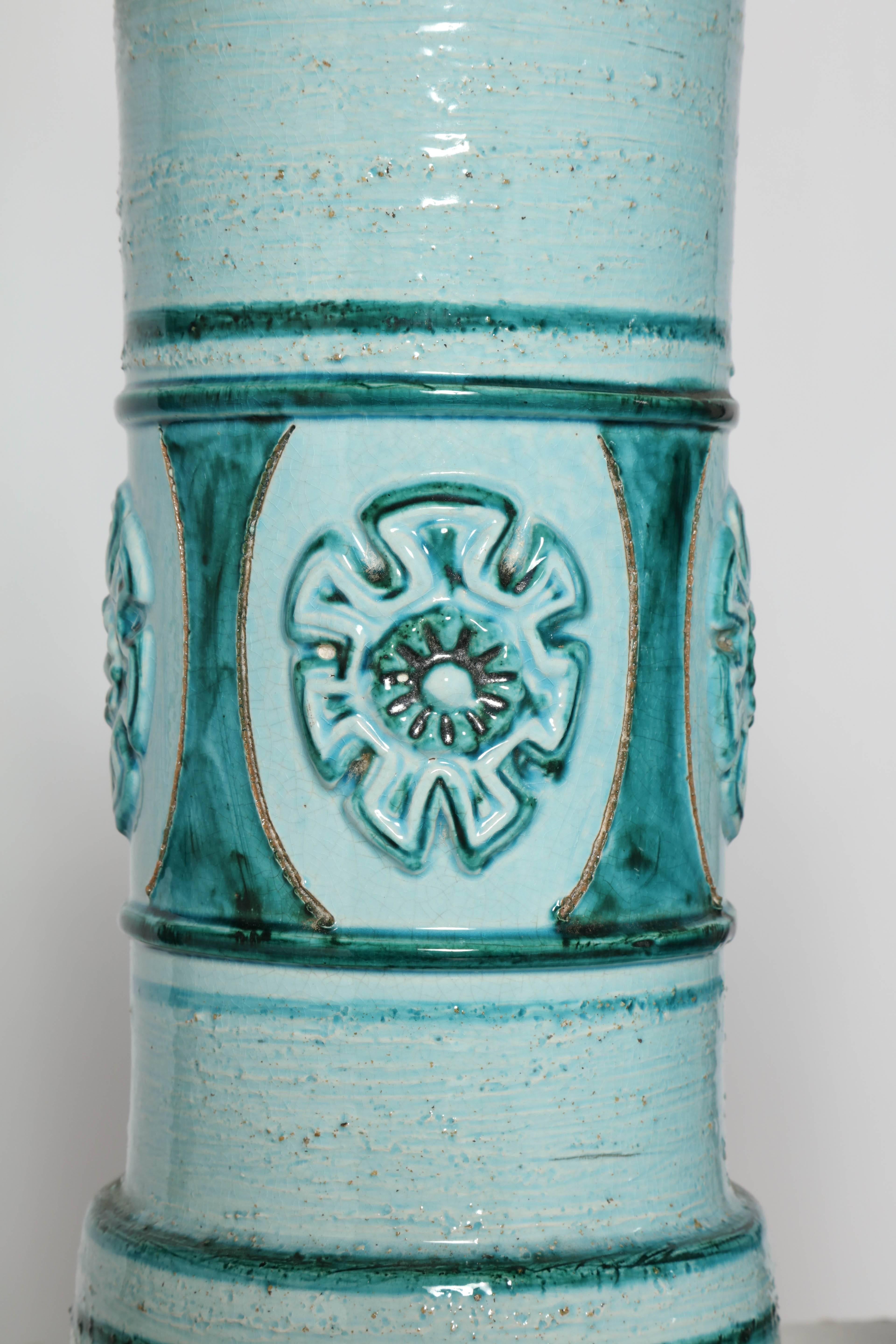 Metal Pair of Aldo Londi for Bitossi Pale Aqua and Turquoise Ceramic Table Lamps 