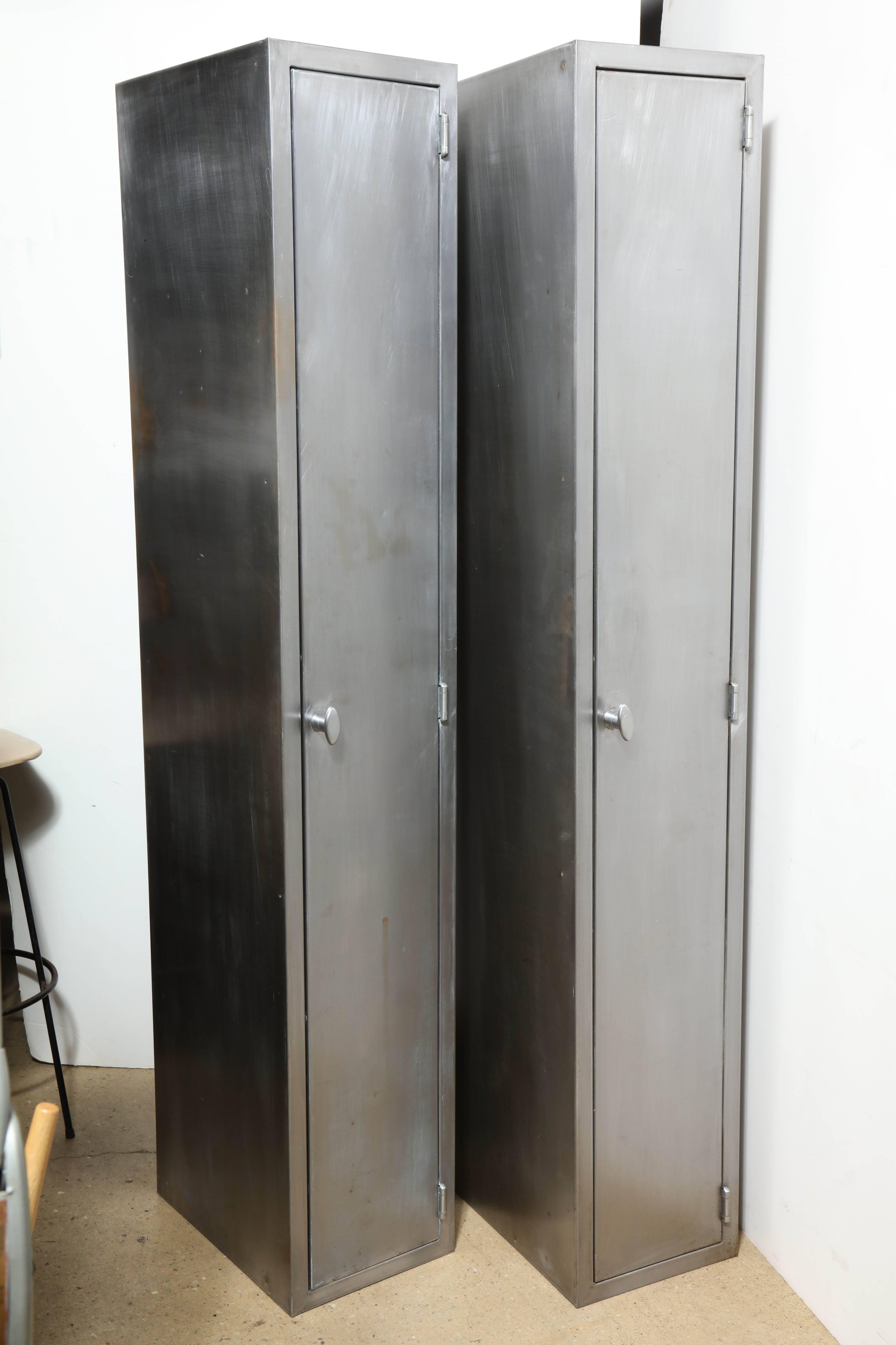 Paint Two Tall & Narrow 1950s Industrial, Brushed Steel Armoires 