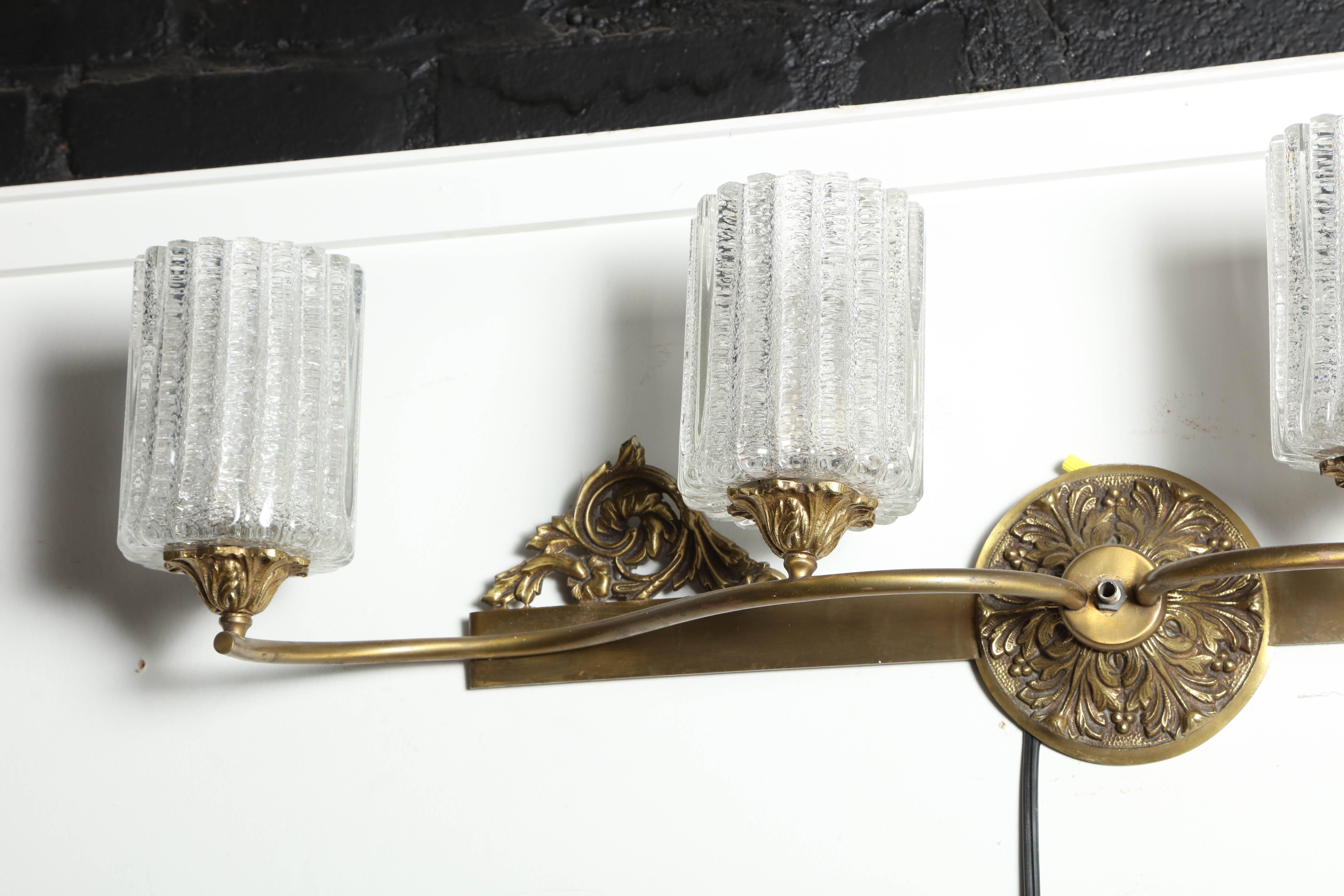Hollywood Regency Marbro Murano Co. Brass & Bronze Wall Lamp with Four Salted Murano Glass Shades For Sale