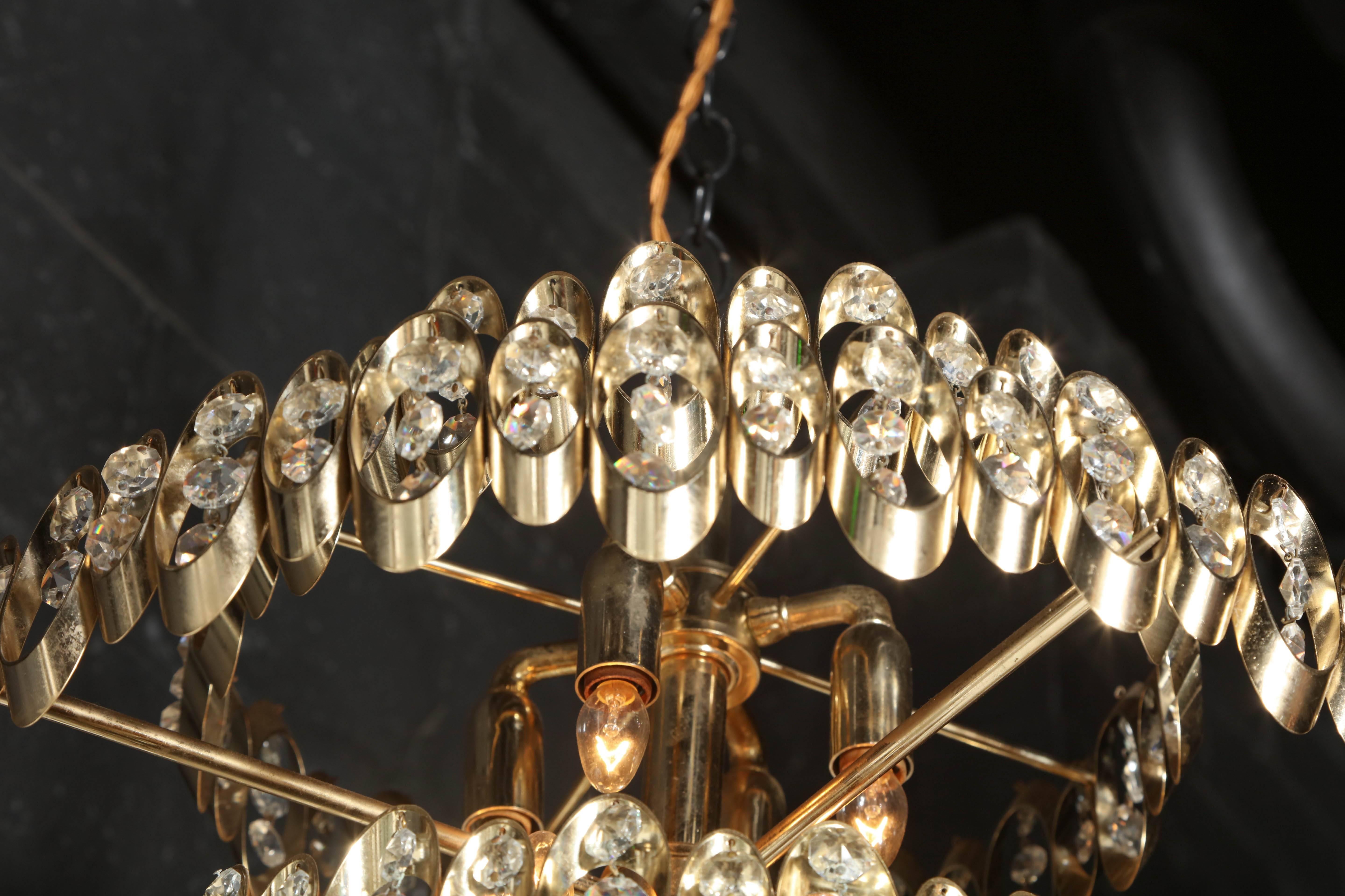 Italian Gaetano Sciolari Three Tier Brass Pendant with Multi Faceted Drop Crystals  For Sale