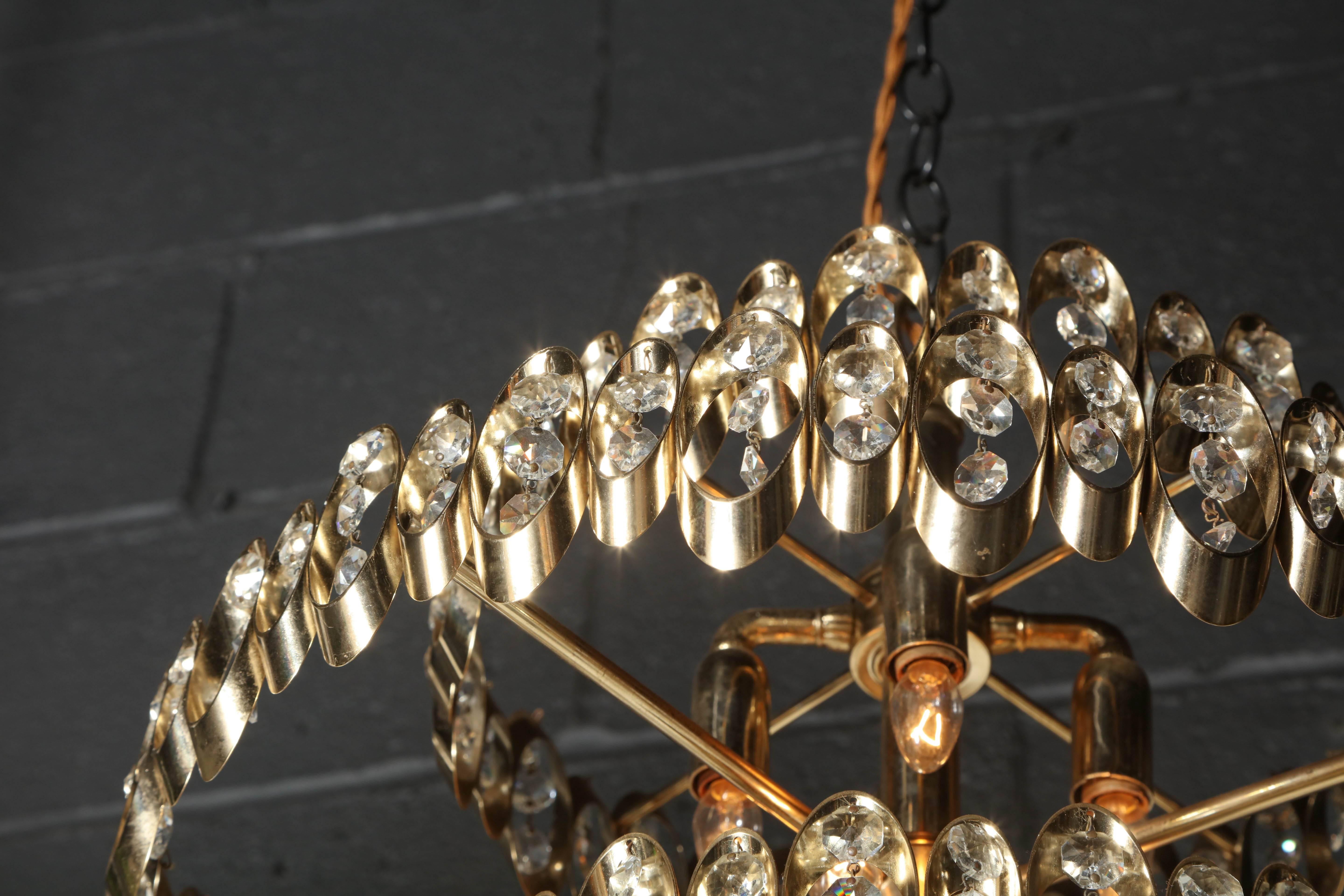 Late 20th Century Gaetano Sciolari Three Tier Brass Pendant with Multi Faceted Drop Crystals  For Sale