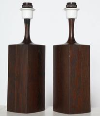 Pair of Danish Modern Dark Oak Tower Table Lamps with Jacobean finish, C. 1970s