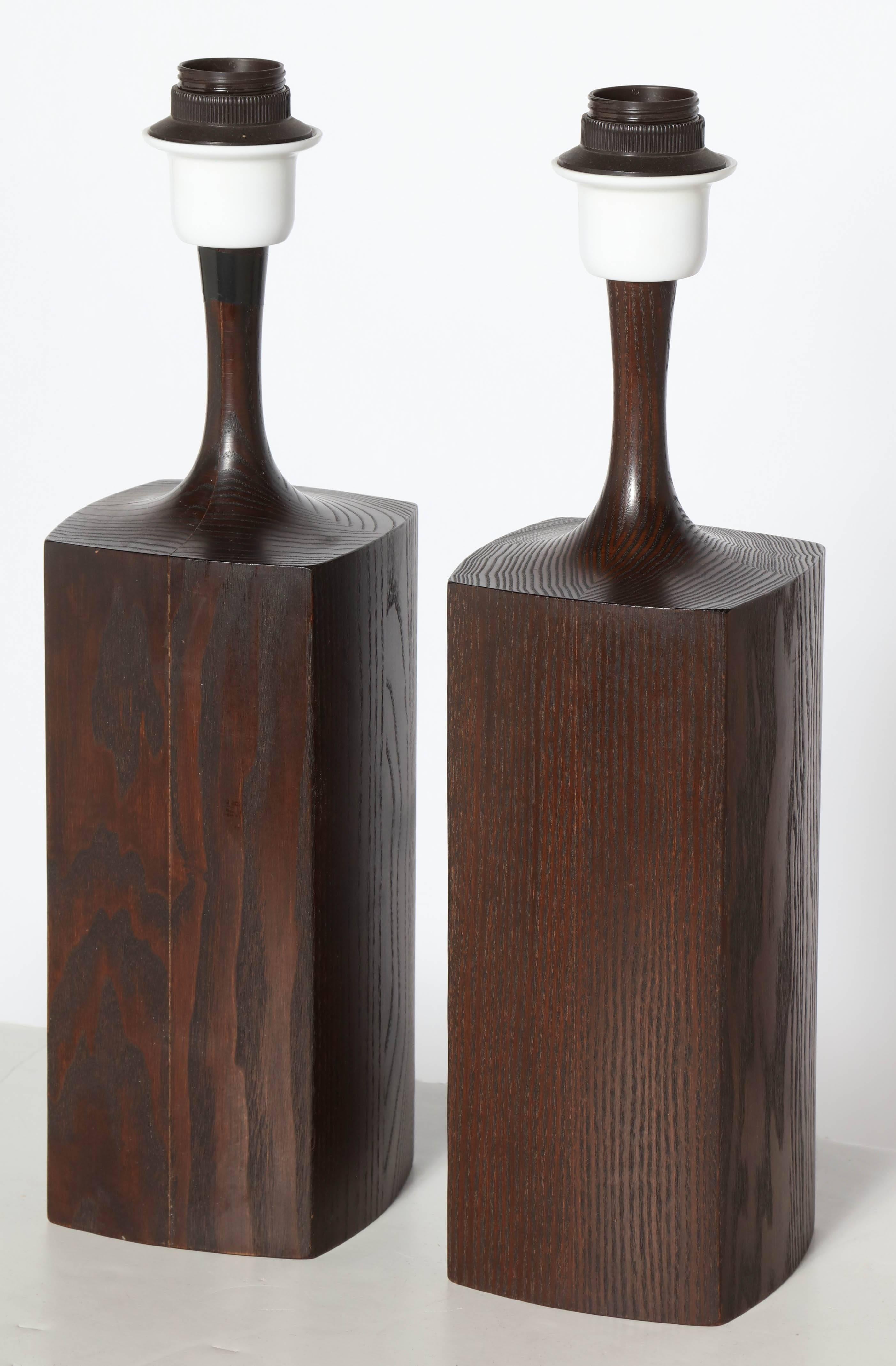 Scandinavian Modern Pair of Danish Modern Dark Oak Tower Table Lamps with Jacobean finish, C. 1970s 