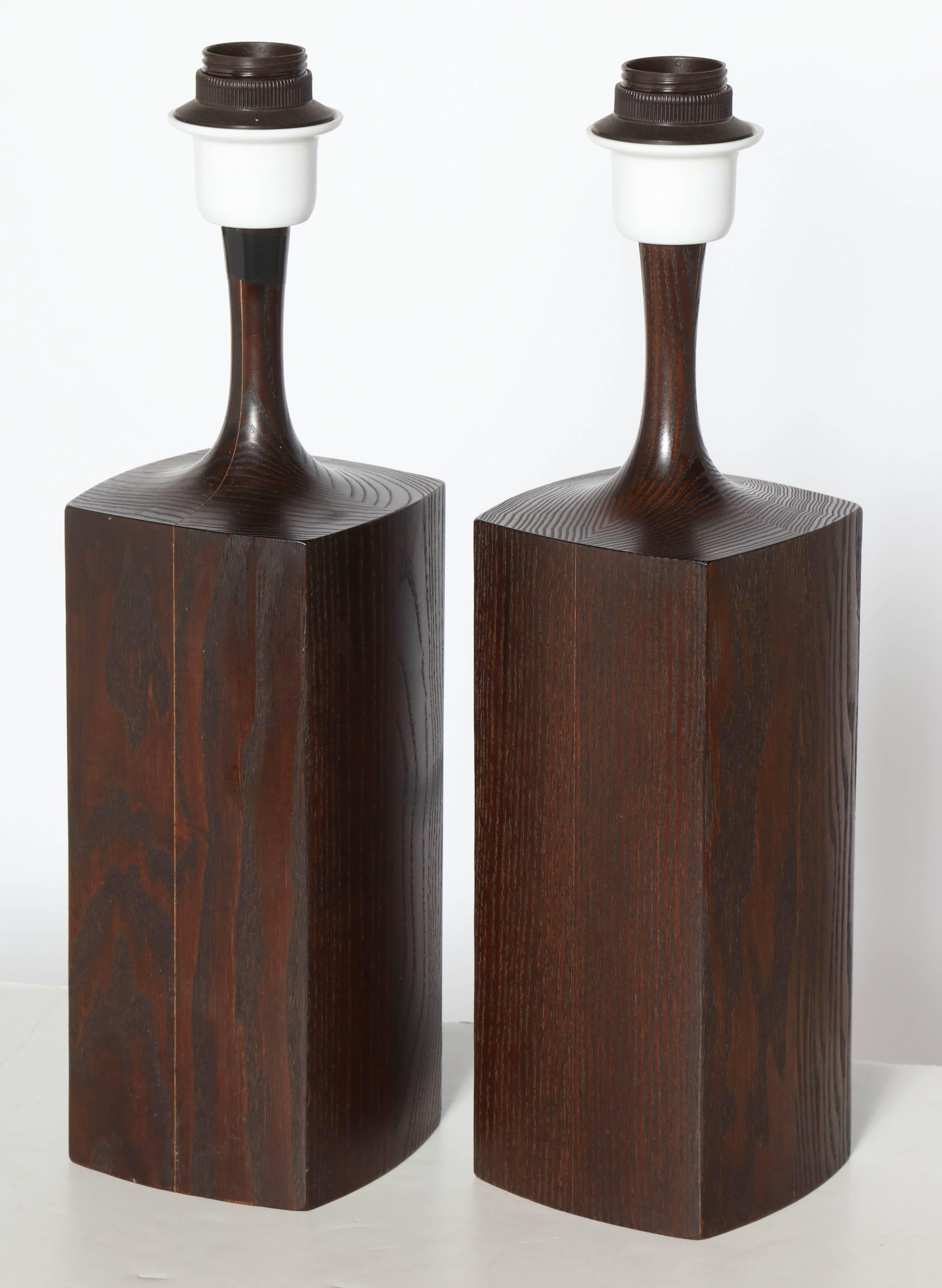 Molded Pair of Danish Modern Dark Oak Tower Table Lamps with Jacobean finish, C. 1970s 