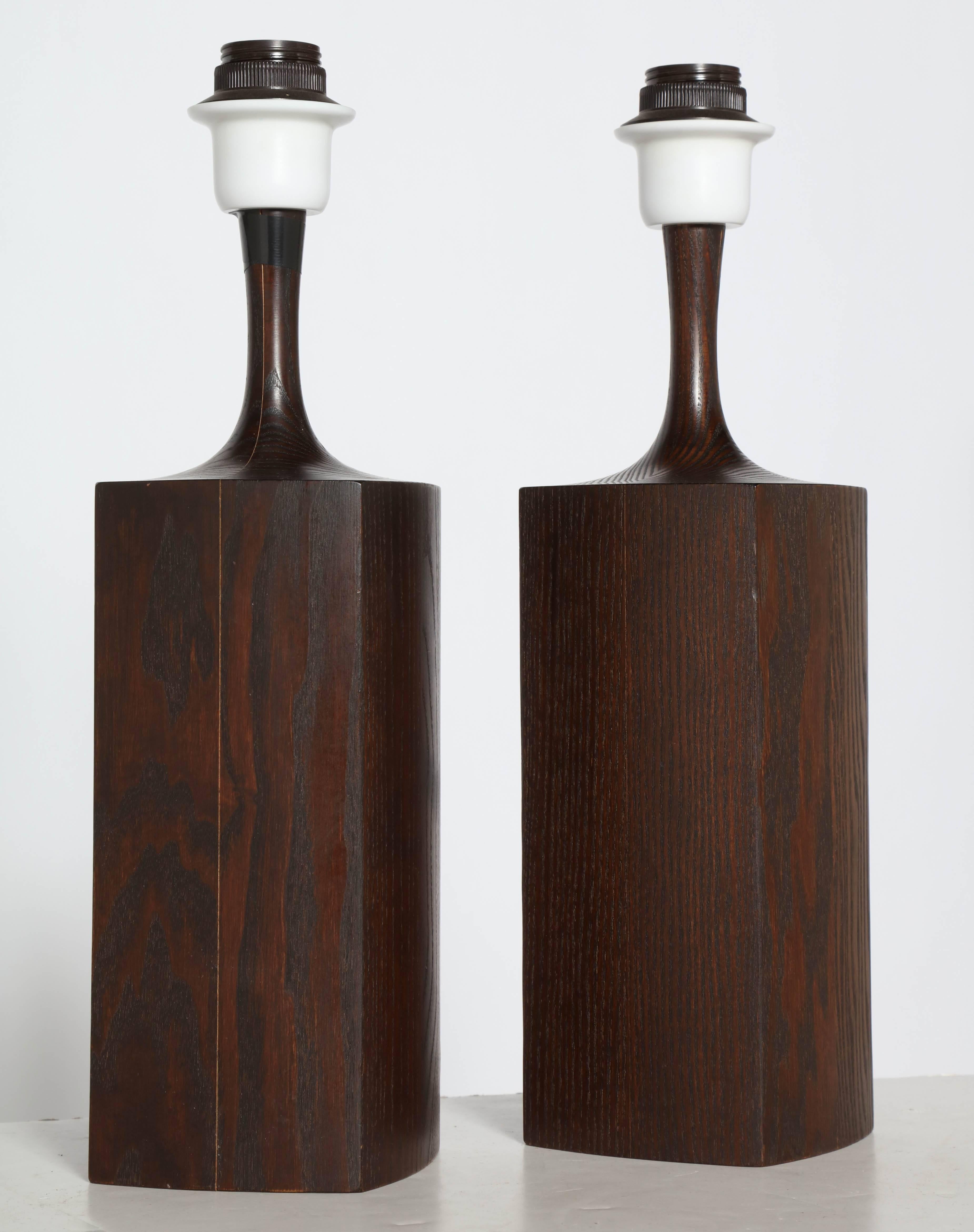 Late 20th Century Pair of Danish Modern Dark Oak Tower Table Lamps with Jacobean finish, C. 1970s 
