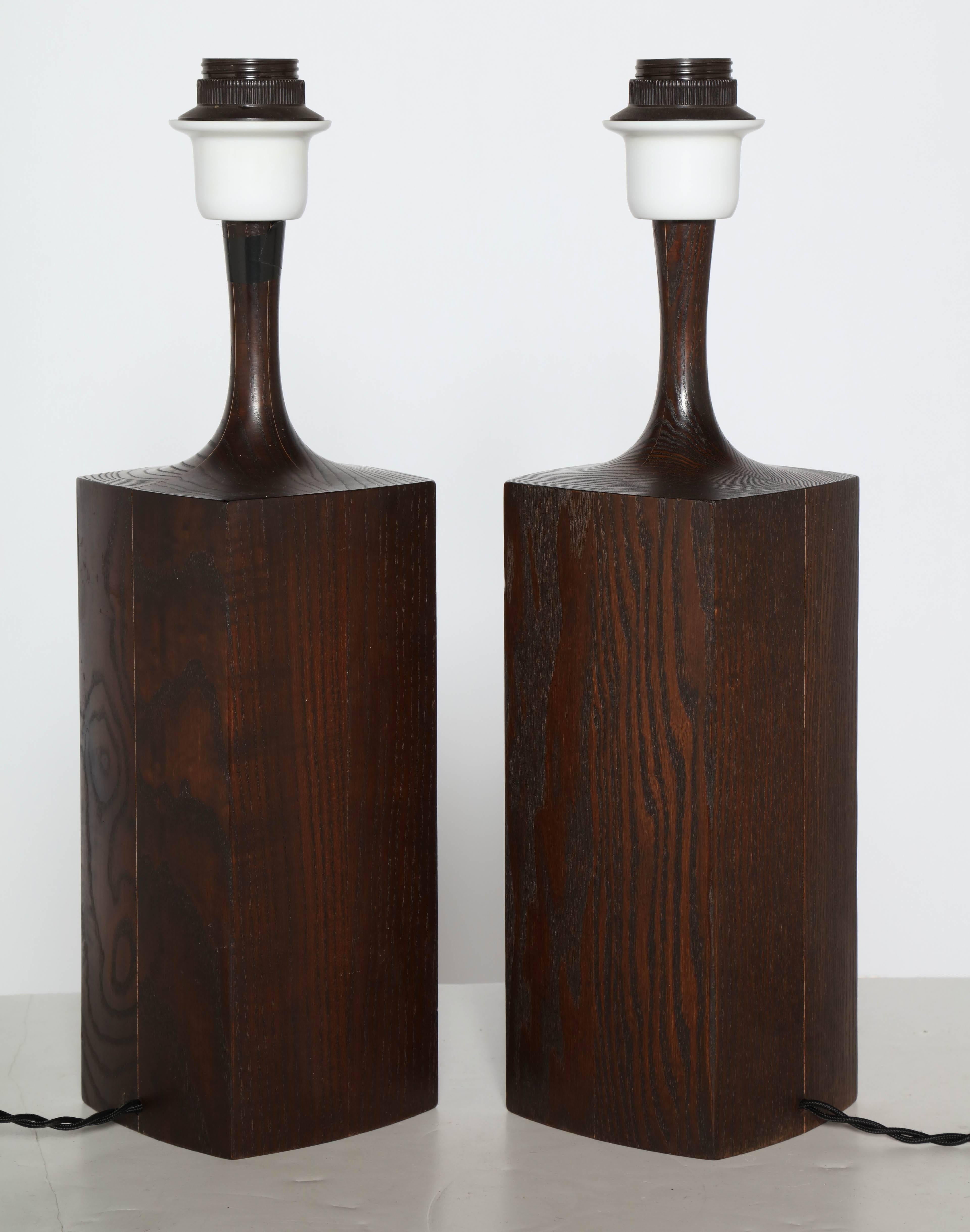 Pair of Danish Modern Dark Oak Tower Table Lamps with Jacobean finish, C. 1970s  1