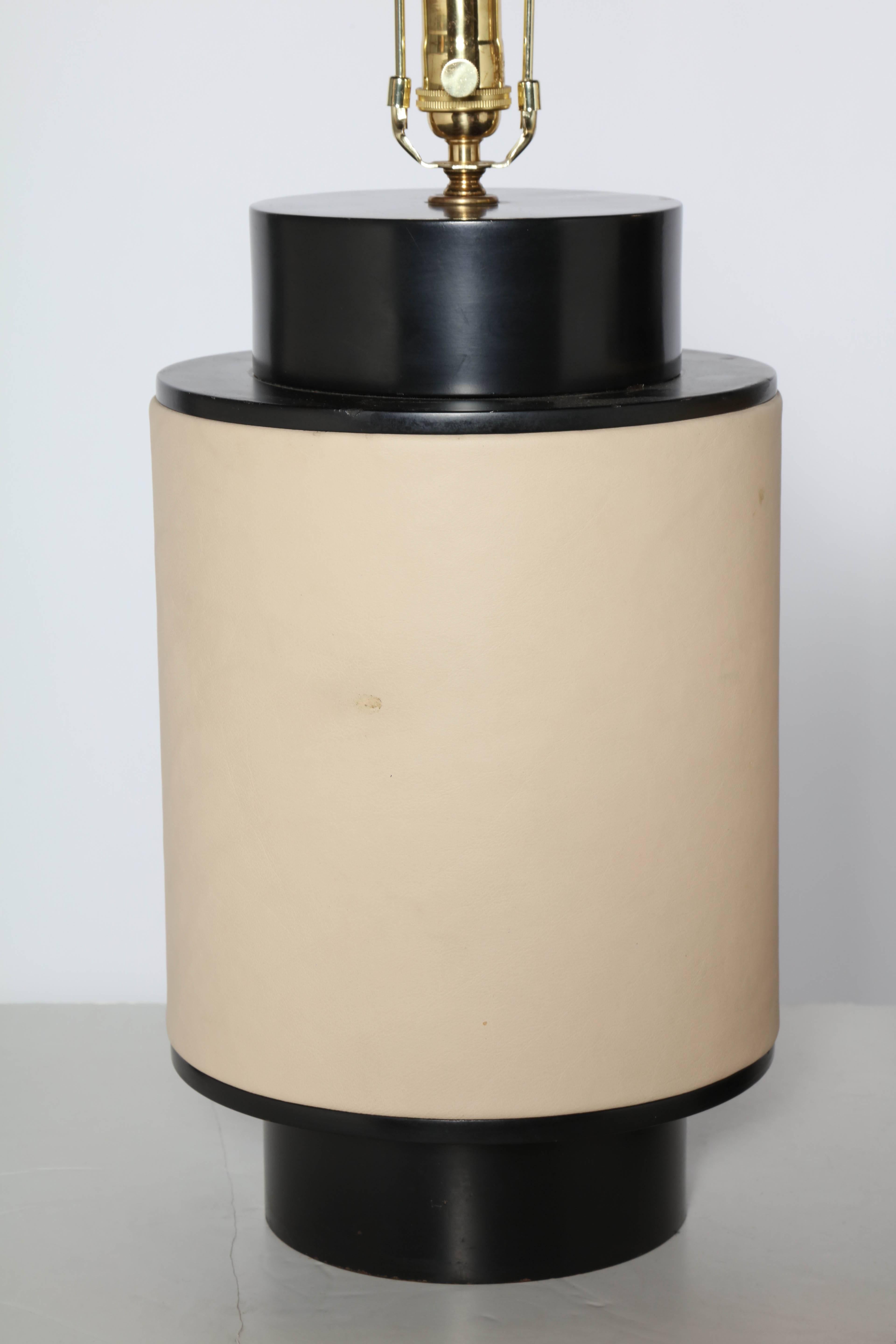 American Substantial Pair of Wrapped Beige Leather & Black Enamel Barrel Table Lamps  