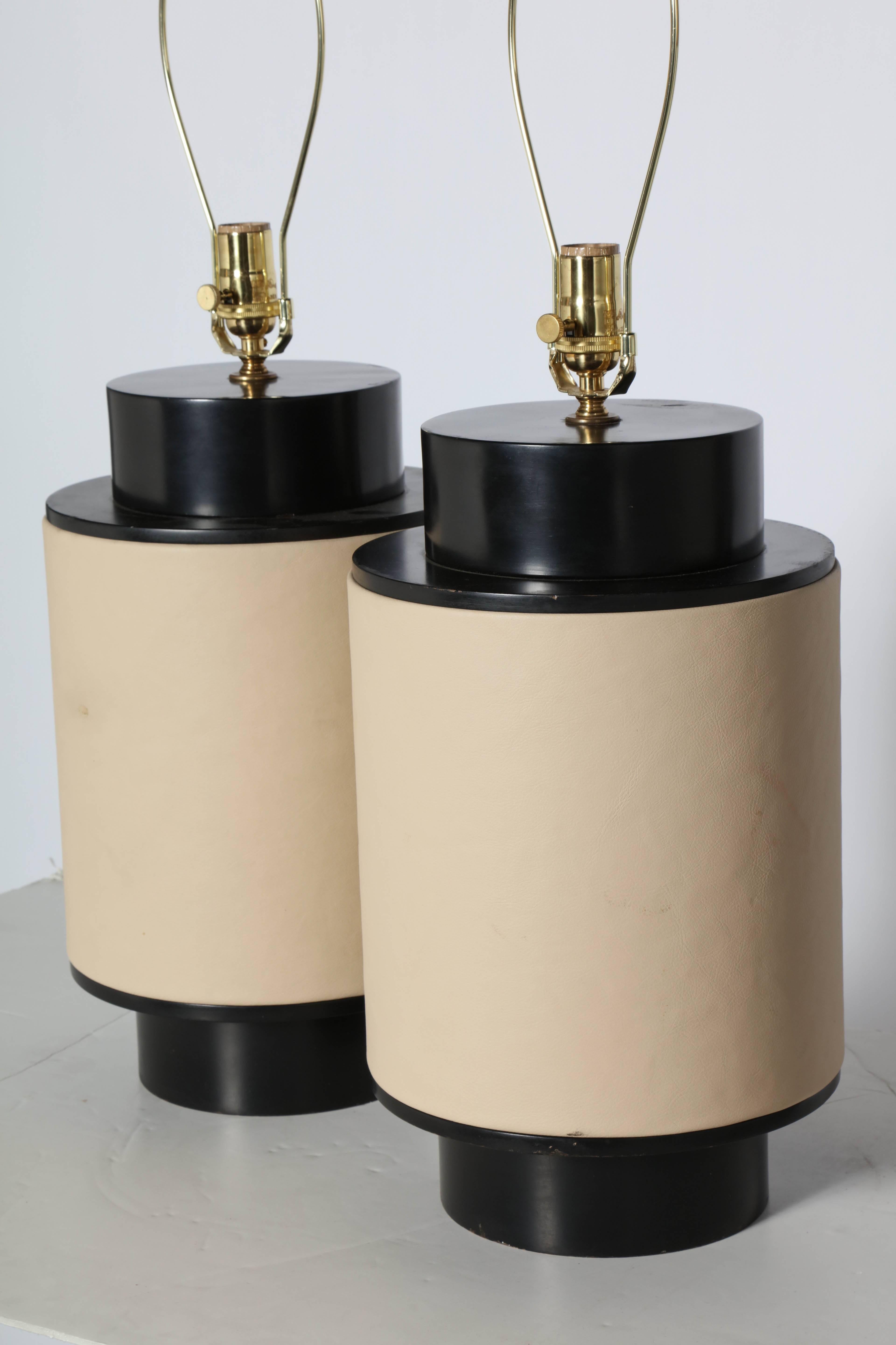 Modern Substantial Pair of Wrapped Beige Leather & Black Enamel Barrel Table Lamps  