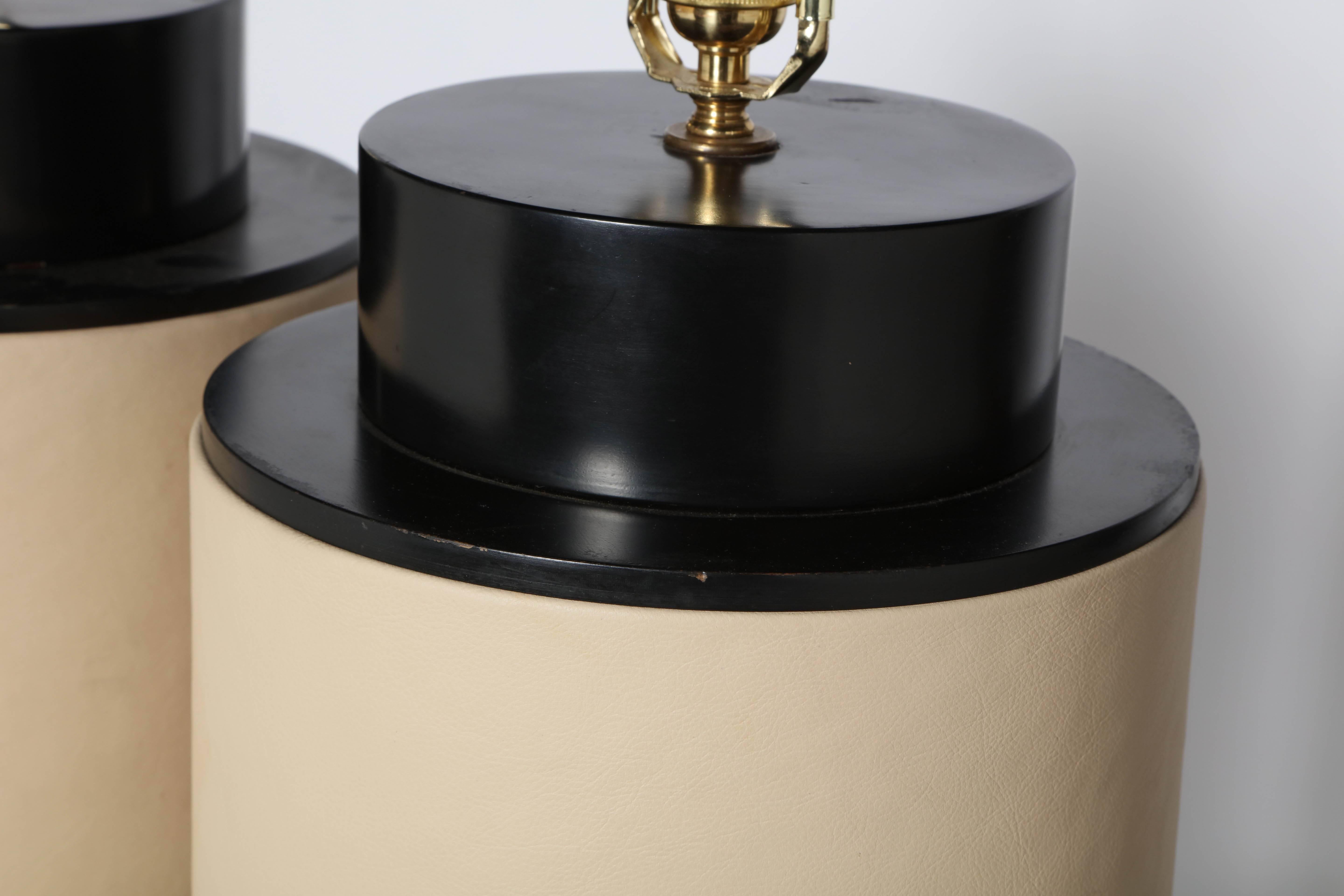 Enameled Substantial Pair of Wrapped Beige Leather & Black Enamel Barrel Table Lamps  