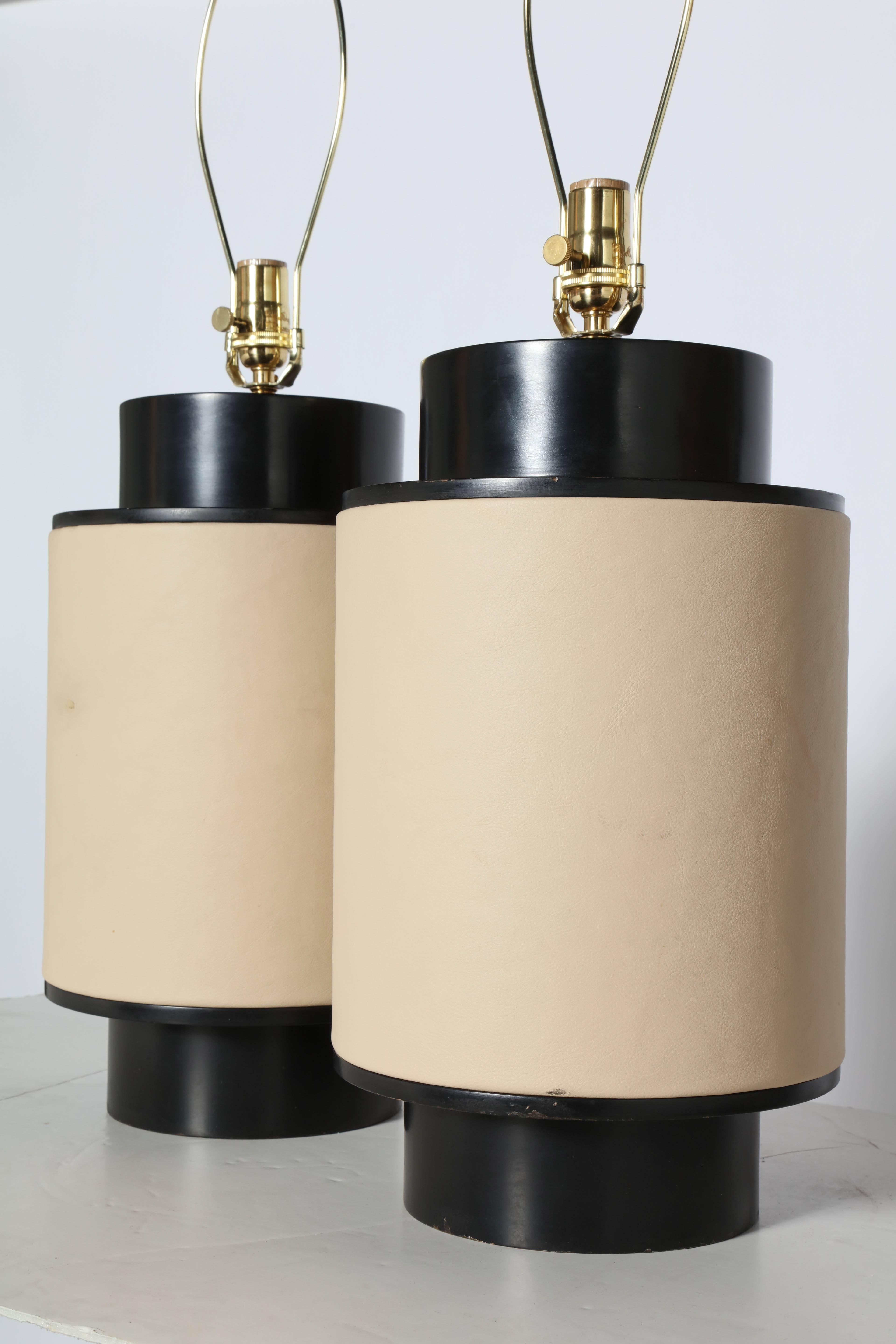 Wood Substantial Pair of Wrapped Beige Leather & Black Enamel Barrel Table Lamps  