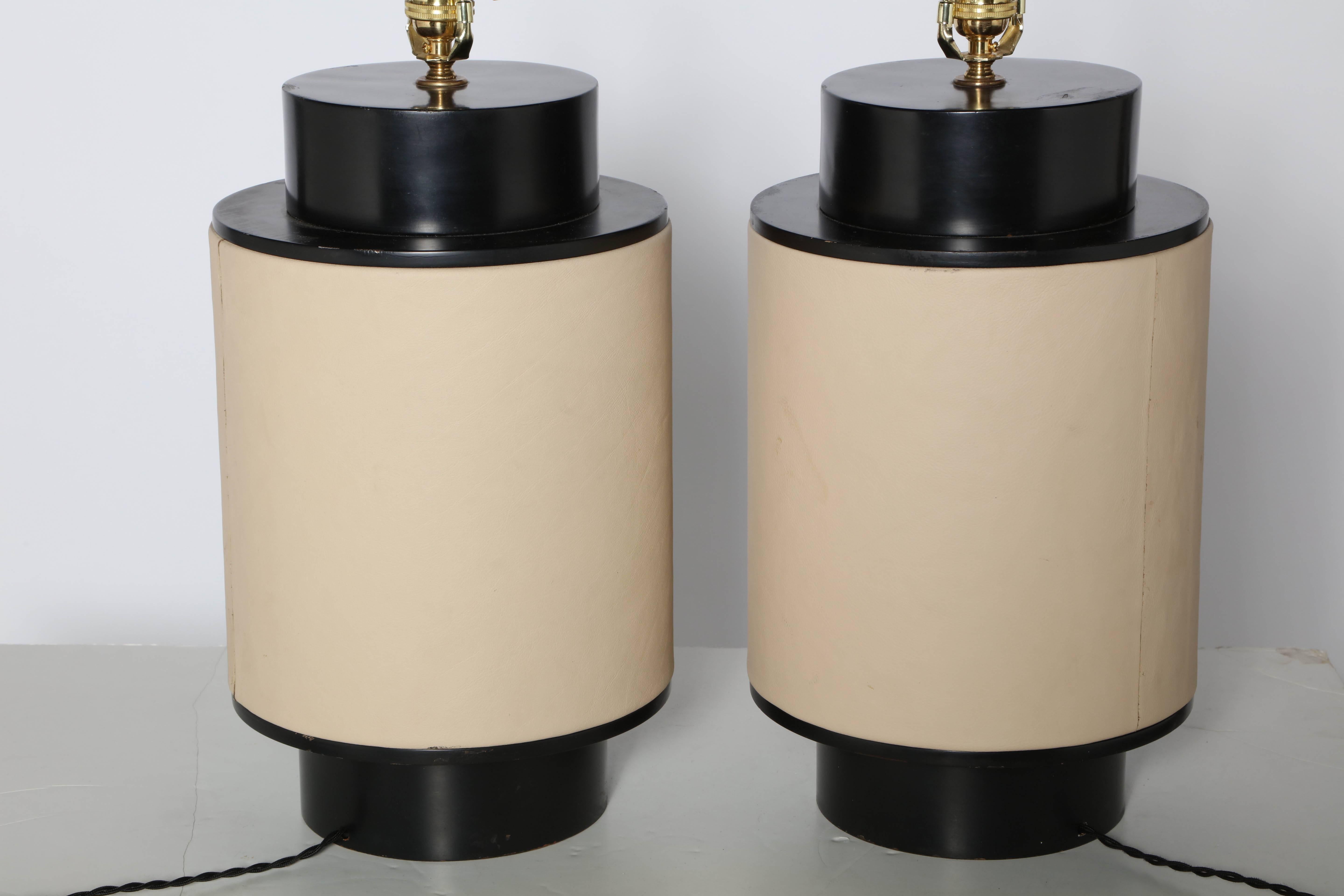 Substantial Pair of Wrapped Beige Leather & Black Enamel Barrel Table Lamps   1