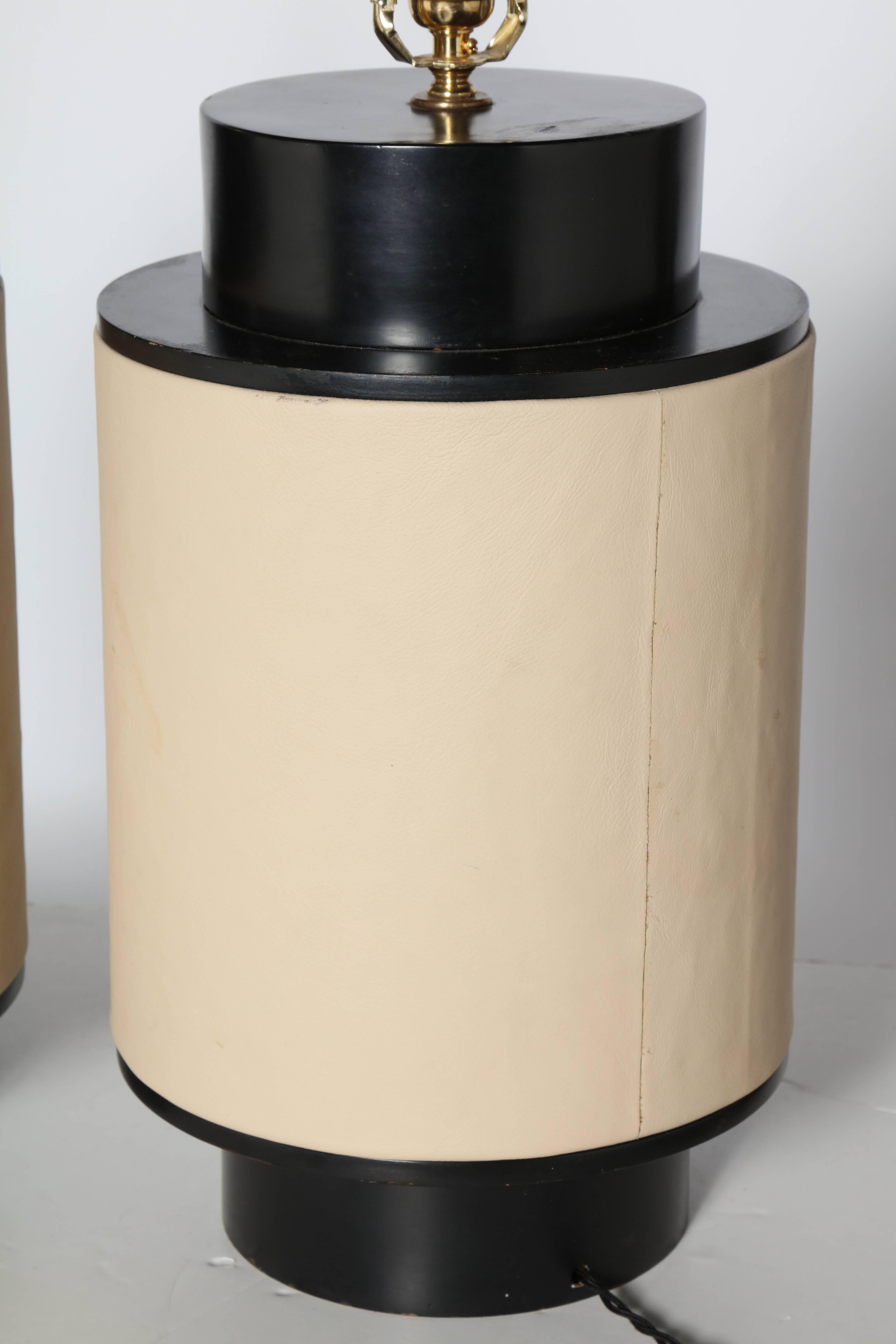 Substantial Pair of Wrapped Beige Leather & Black Enamel Barrel Table Lamps   In Good Condition In Bainbridge, NY