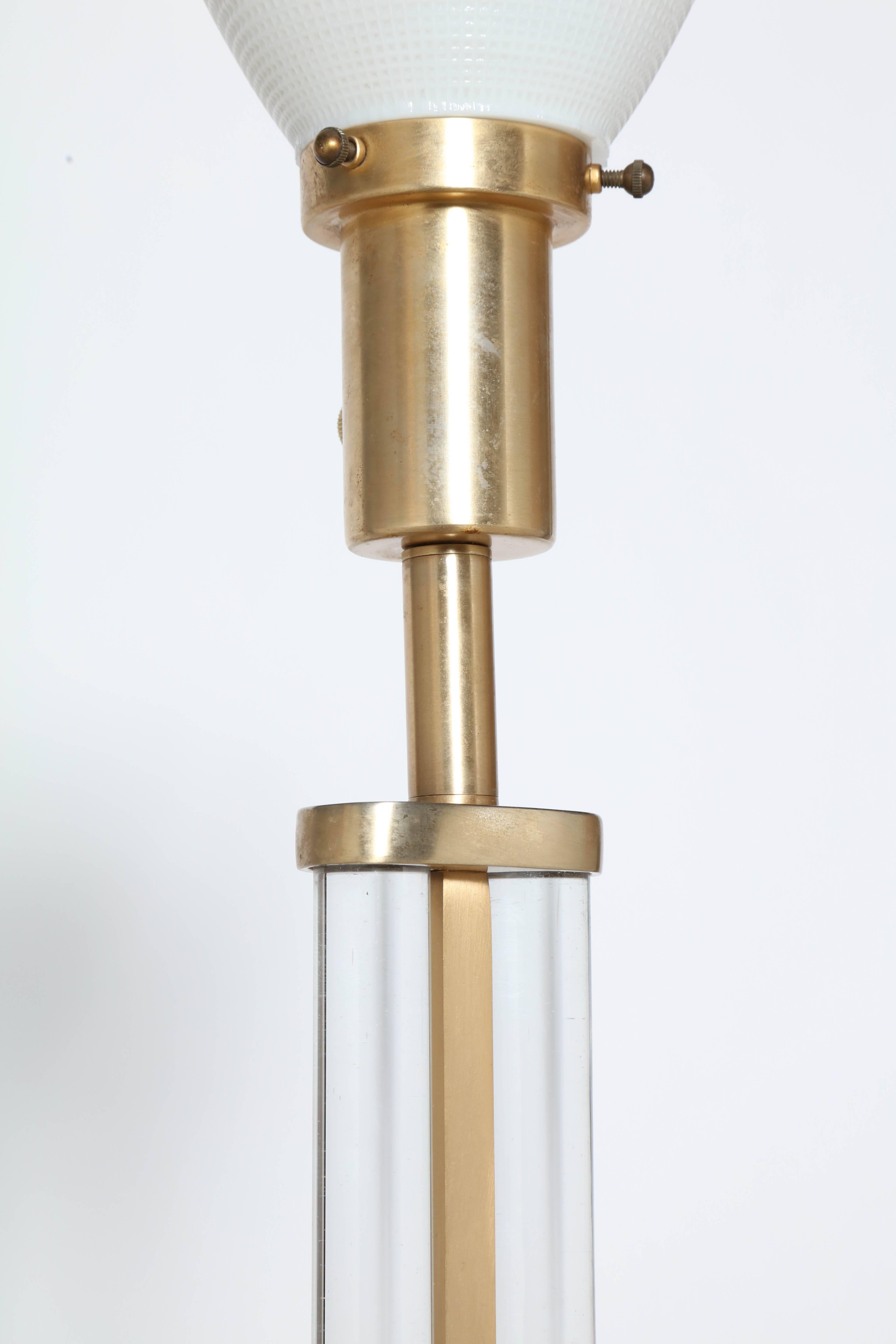 Machine Age Gilbert Rohde for Mutual Sunset Brass & Glass Rod Table Lamp with Shade, 1940s  
