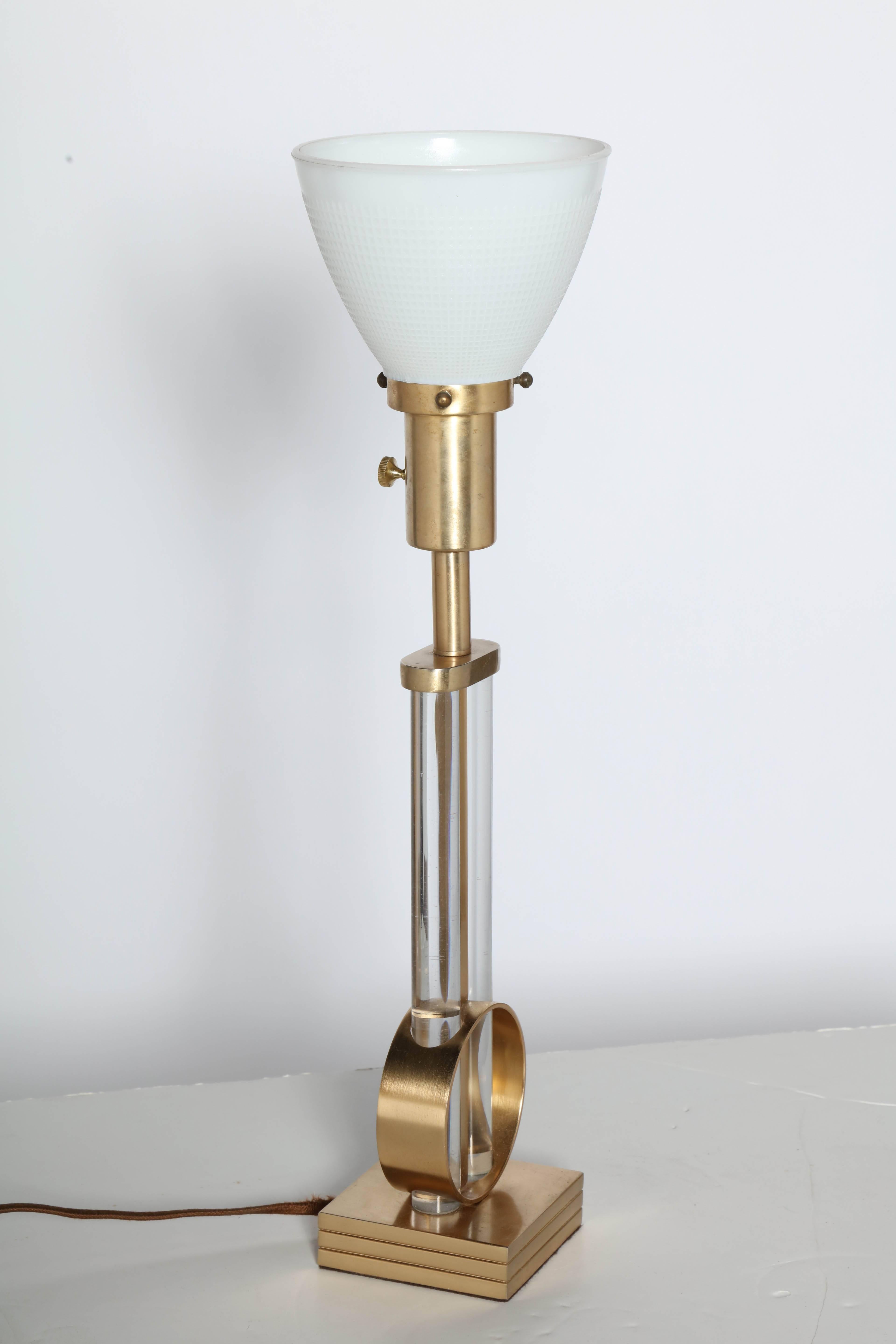 American Gilbert Rohde for Mutual Sunset Brass & Glass Rod Table Lamp with Shade, 1940s  