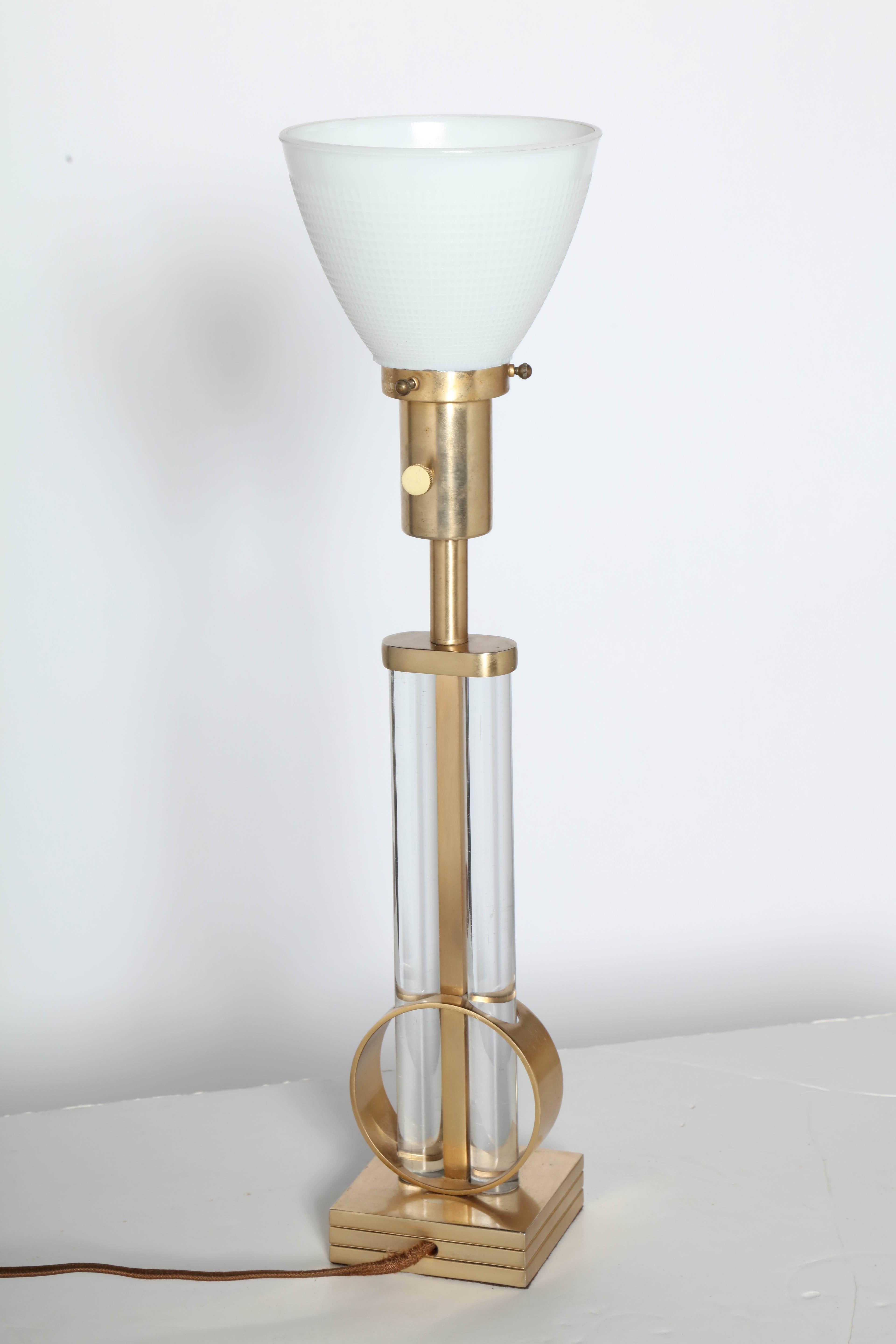 Gilbert Rohde for Mutual Sunset Brass & Glass Rod Table Lamp with Shade, 1940s   In Good Condition In Bainbridge, NY
