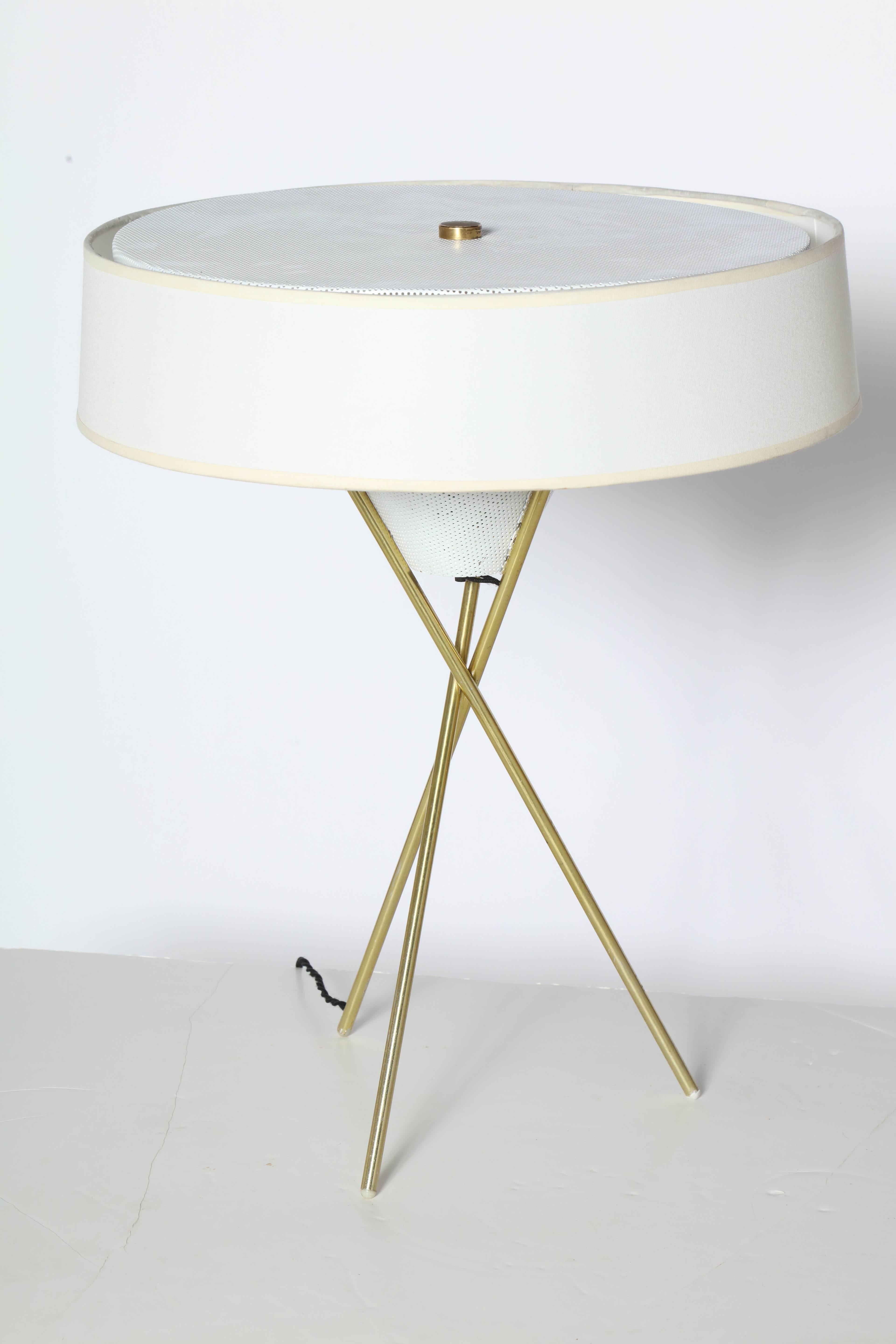 1950s Gerald Thurston for Lightolier Brass Tripod Desk Lamp. Featuring Brass legs, newWhite linen shade (17D x 4.25H) perforated White enameled metal top diffuser and lower cone diffuser. Classic. Versatile. Living. Desk. Sofa. Rewired with Black