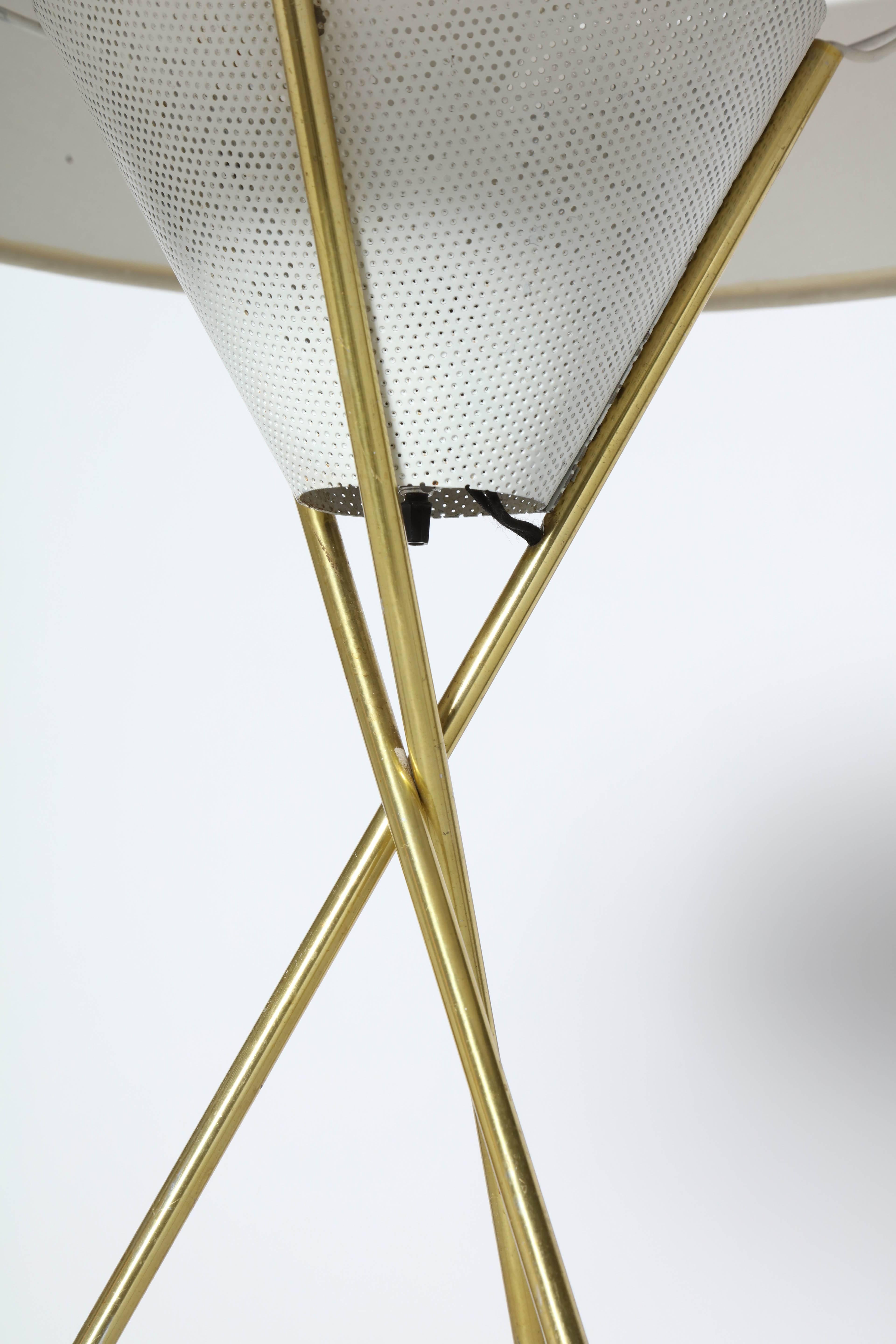 Metal Gerald Thurston for Lightolier Brass Tripod Table Lamp with White Linen Shade