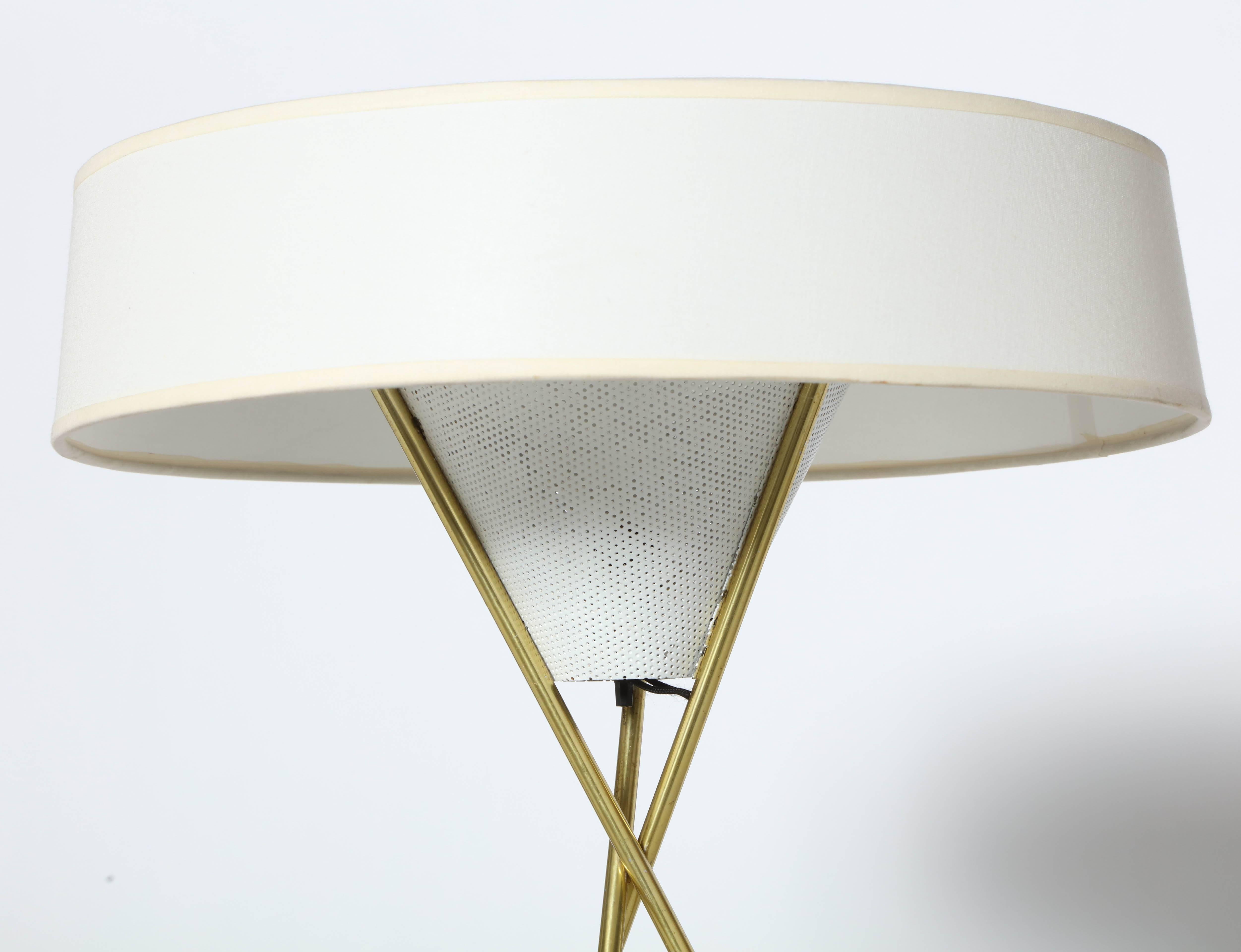 Gerald Thurston for Lightolier Brass Tripod Table Lamp with White Linen Shade 1