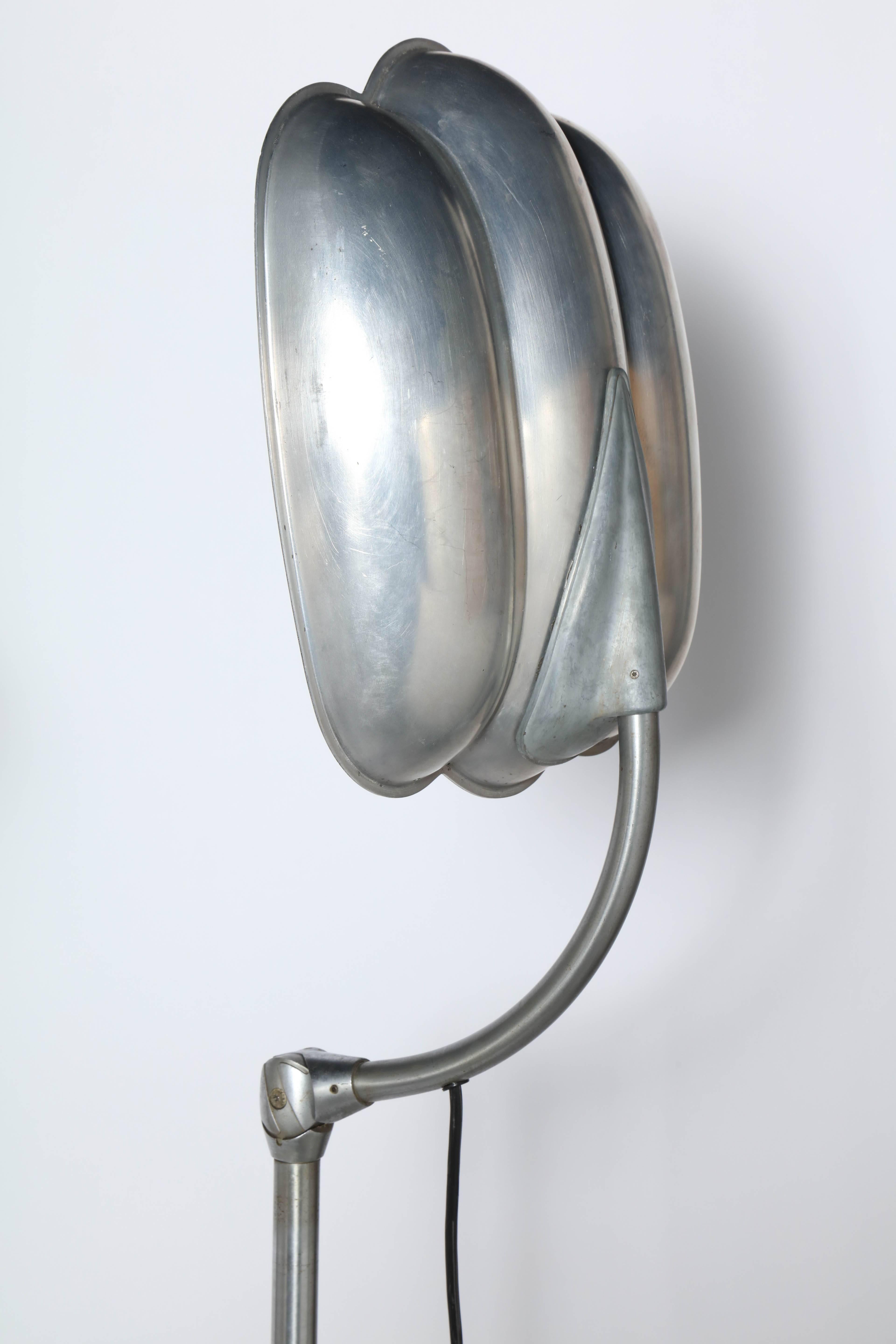 American Sperti Inc. Raymond Loewy Style Aluminum & Cast Iron Adjustable Floor Lamp, 1940 For Sale
