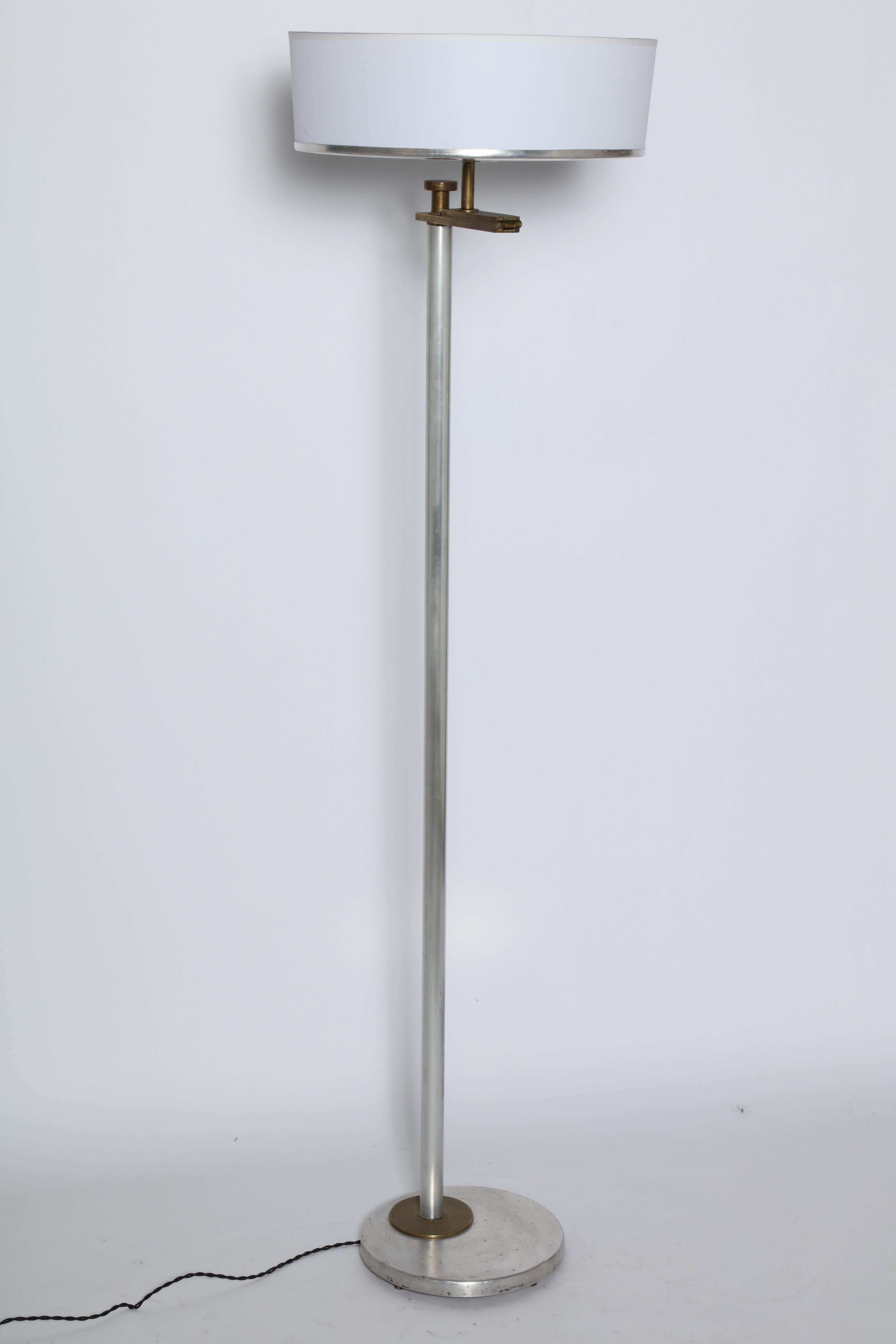Kurt Versen Brushed Aluminum & Brass Flip Top Floor Lamp with White Shade, 1930s In Good Condition In Bainbridge, NY