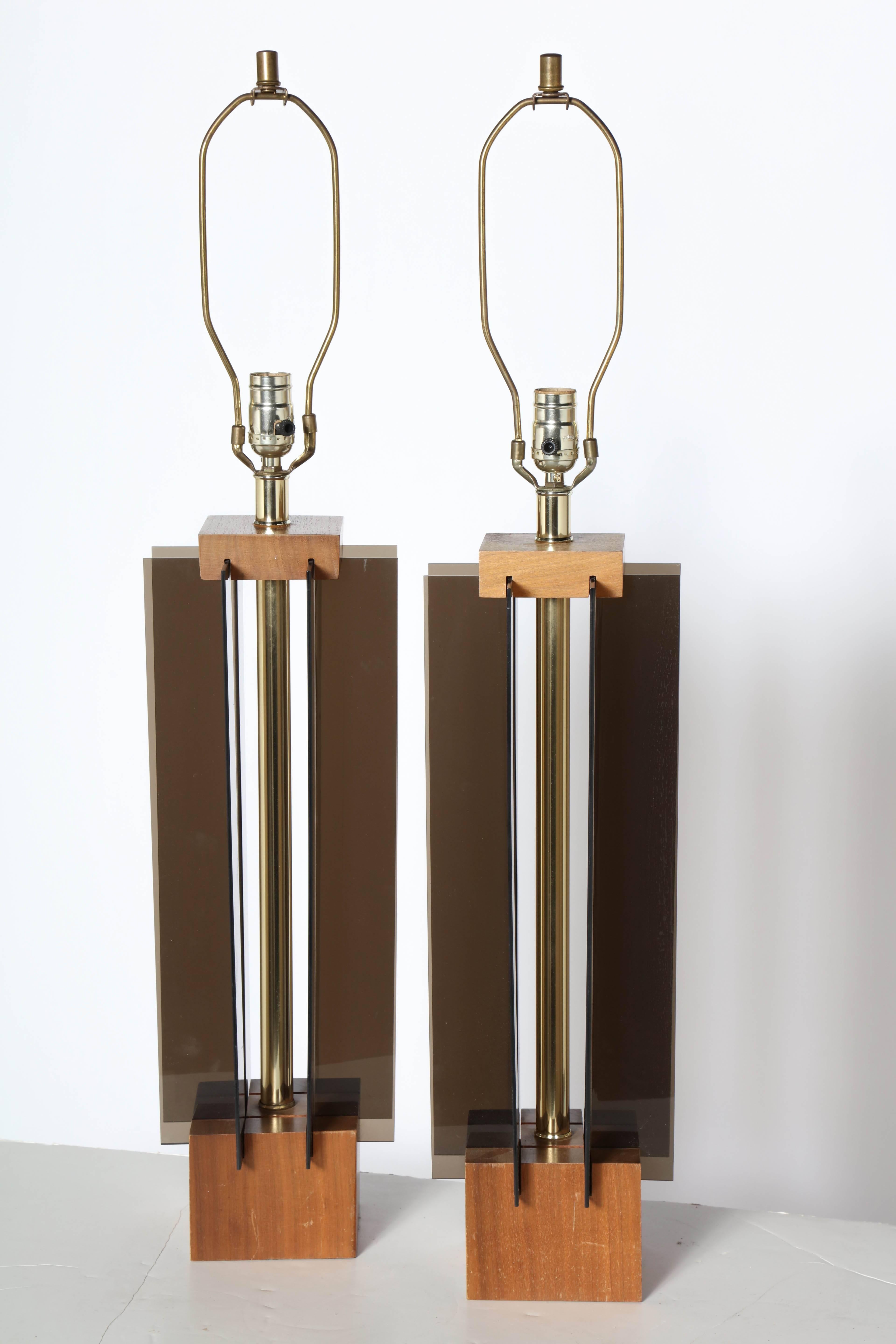 International Style Tall Pair of Laurel Lamp Co. Walnut & Smoked Lucite Paneled 