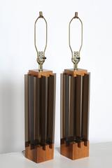 Tall Pair of Laurel Lamp Co. Walnut & Smoked Lucite Paneled "Tower" Table Lamps