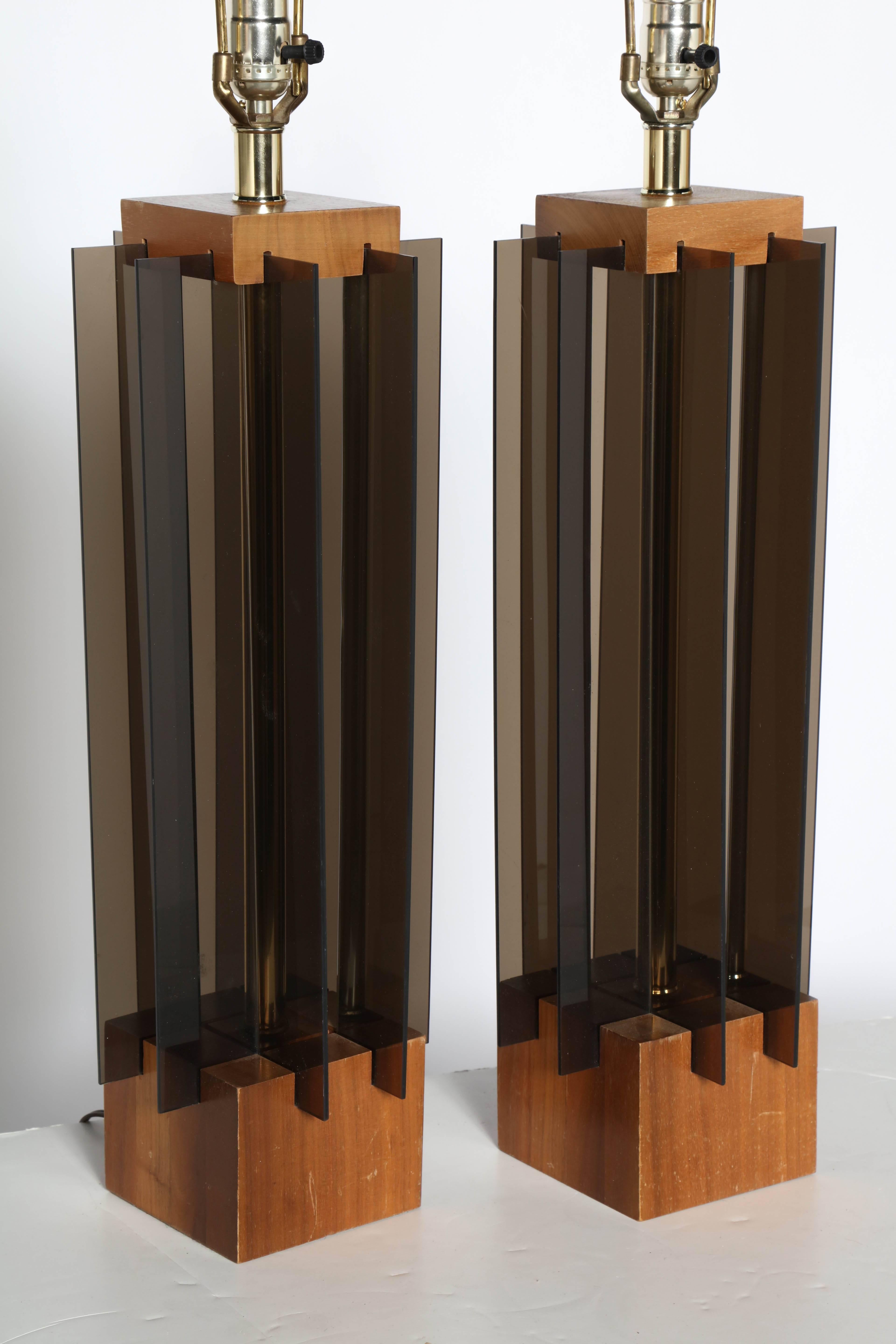 American Tall Pair of Laurel Lamp Co. Walnut & Smoked Lucite Paneled 