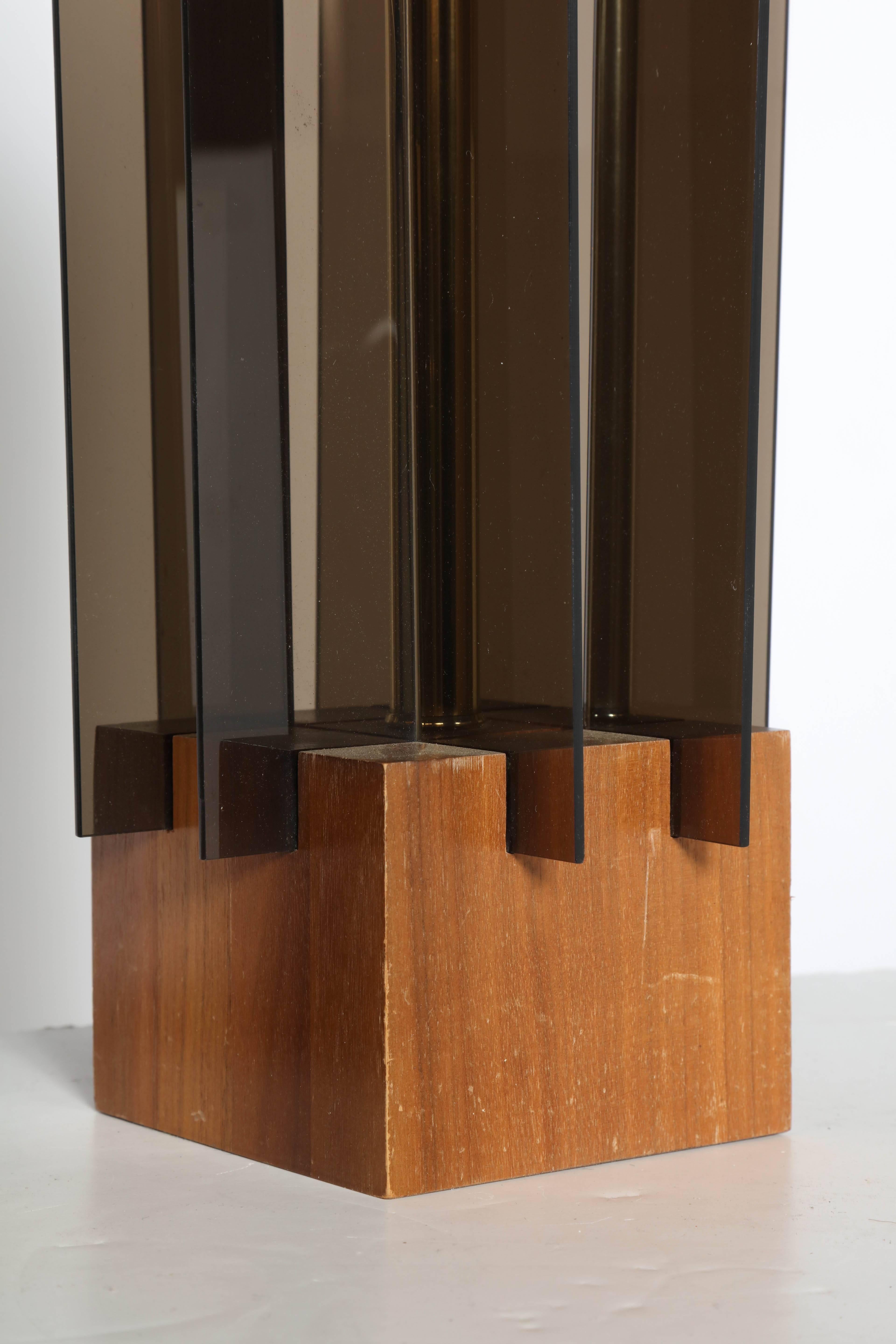 Tall Pair of Laurel Lamp Co. Walnut & Smoked Lucite Paneled 