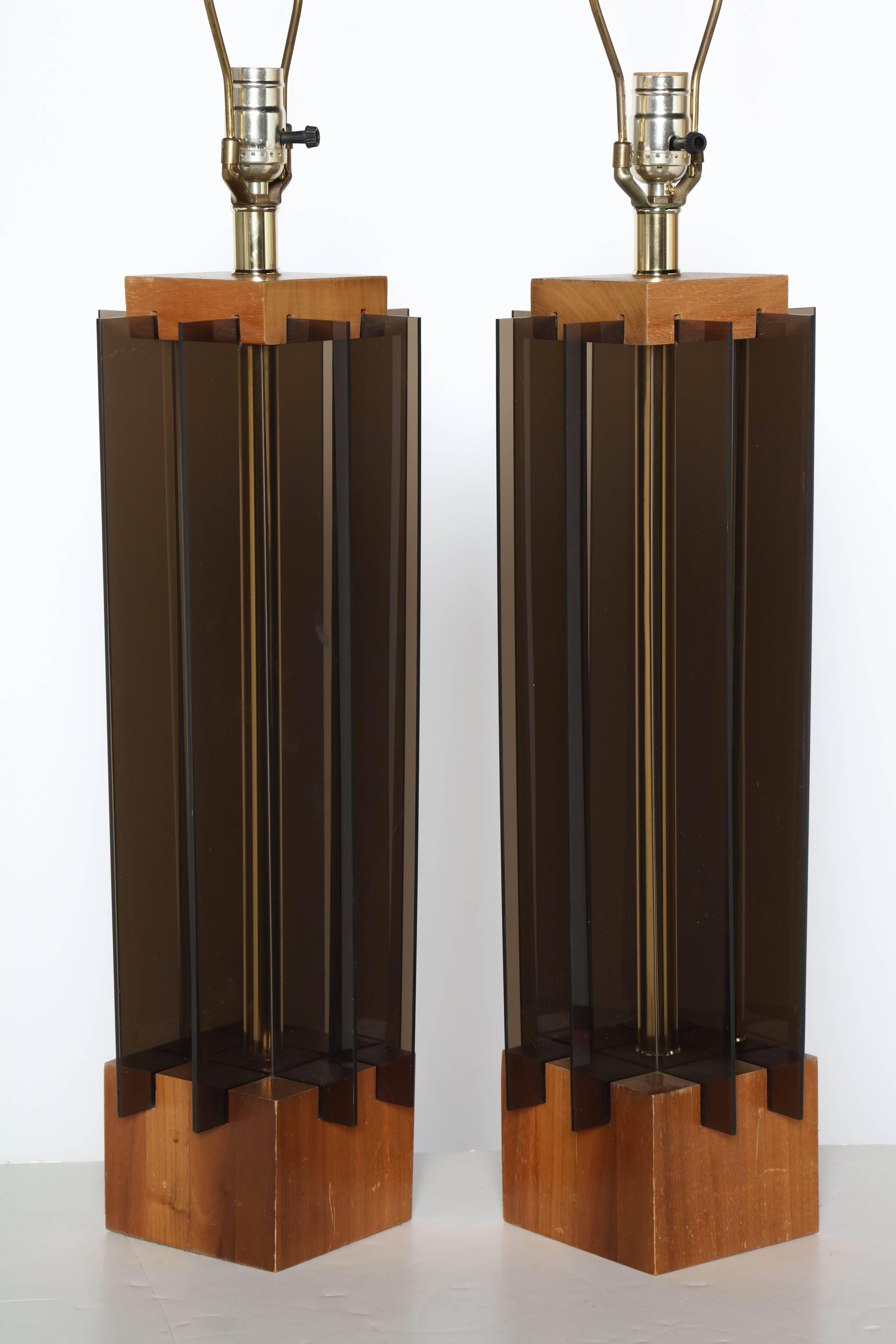Brass Tall Pair of Laurel Lamp Co. Walnut & Smoked Lucite Paneled 